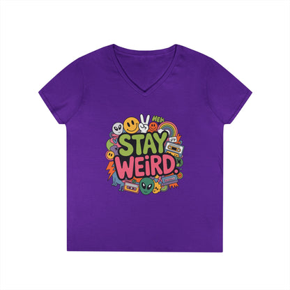 Stay Weird Retro Smiley Collage V-Neck T-Shirt for Women | TEEZOCA 