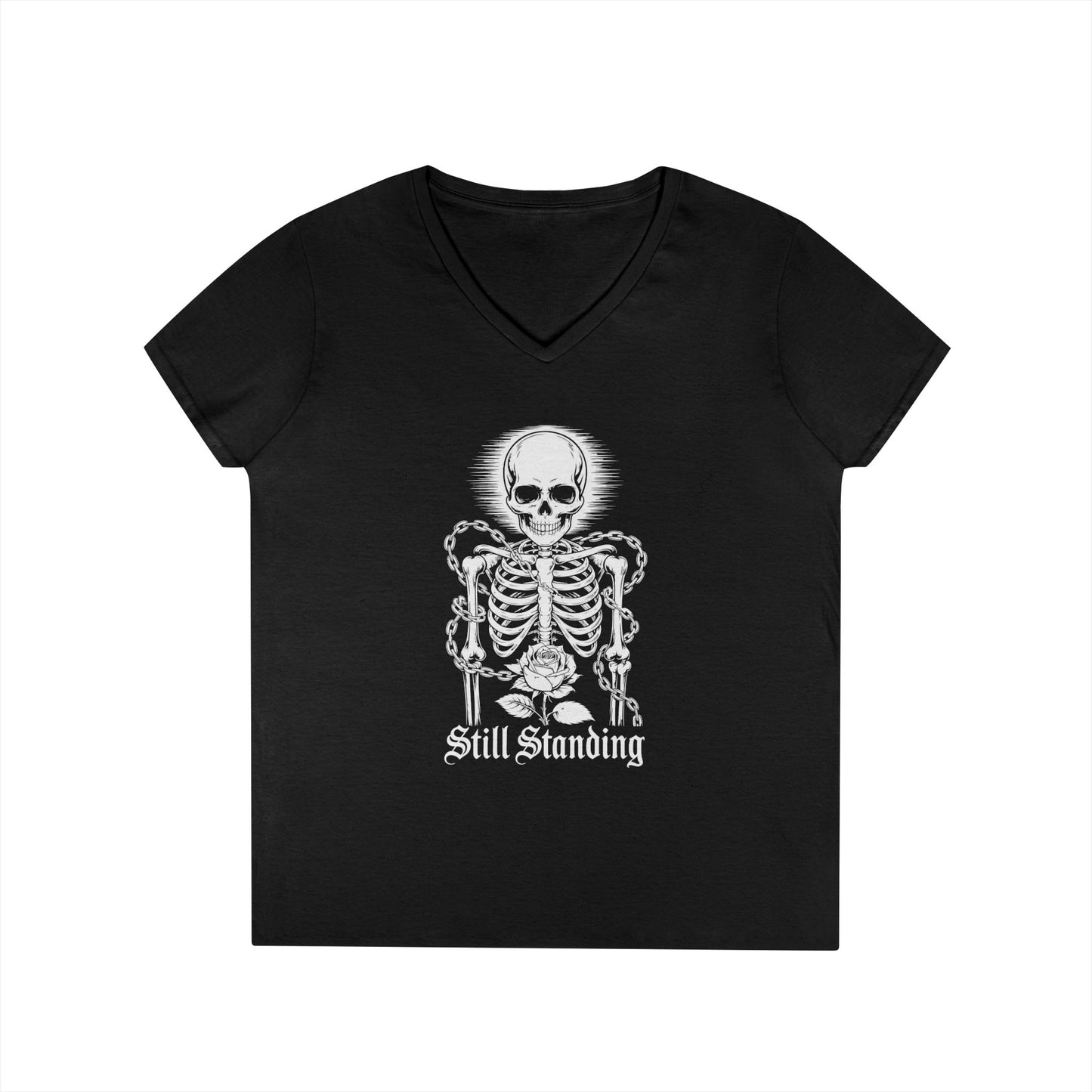 Still Standing Skeleton Rose Graphic V-Neck T-Shirt for Women | TEEZOCA 