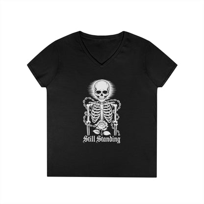 Still Standing Skeleton Rose Graphic V-Neck T-Shirt for Women | TEEZOCA 