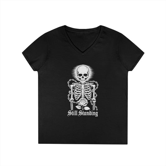 Still Standing Skeleton Rose Graphic V-Neck T-Shirt for Women | TEEZOCA 