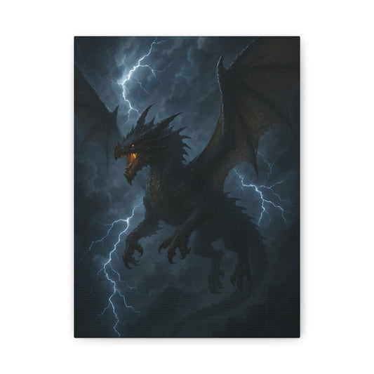 TEEZOCA storm dragon canvas print shown flat with lightning and clouds.
