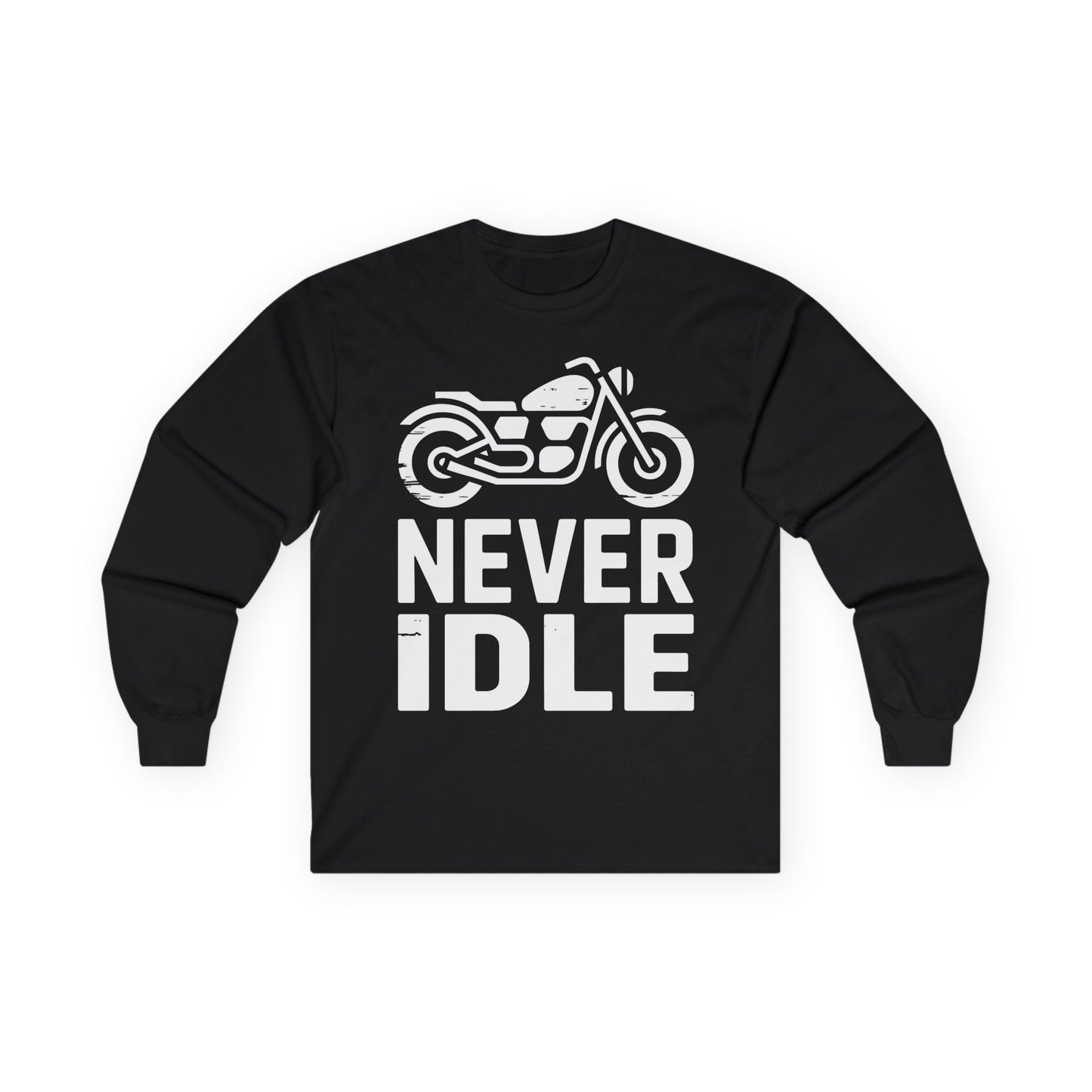 TEEZOCA streetwear motorcycle slogan long-sleeve shirt Black long-sleeve shirt with a motorcycle graphic and 'Never Idle' text on a white background