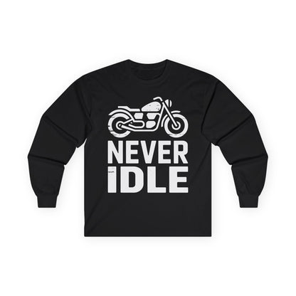 TEEZOCA streetwear motorcycle slogan long-sleeve shirt Black long-sleeve shirt with a motorcycle graphic and 'Never Idle' text on a white background