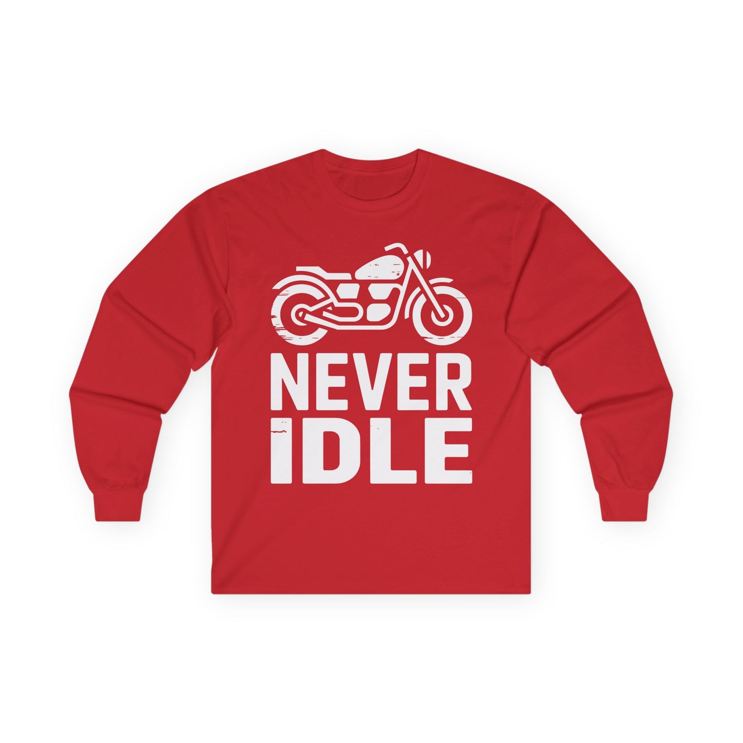 TEEZOCA streetwear motorcycle slogan long-sleeve shirt Red long-sleeve shirt with a motorcycle graphic and 'Never Idle' text on a white background
