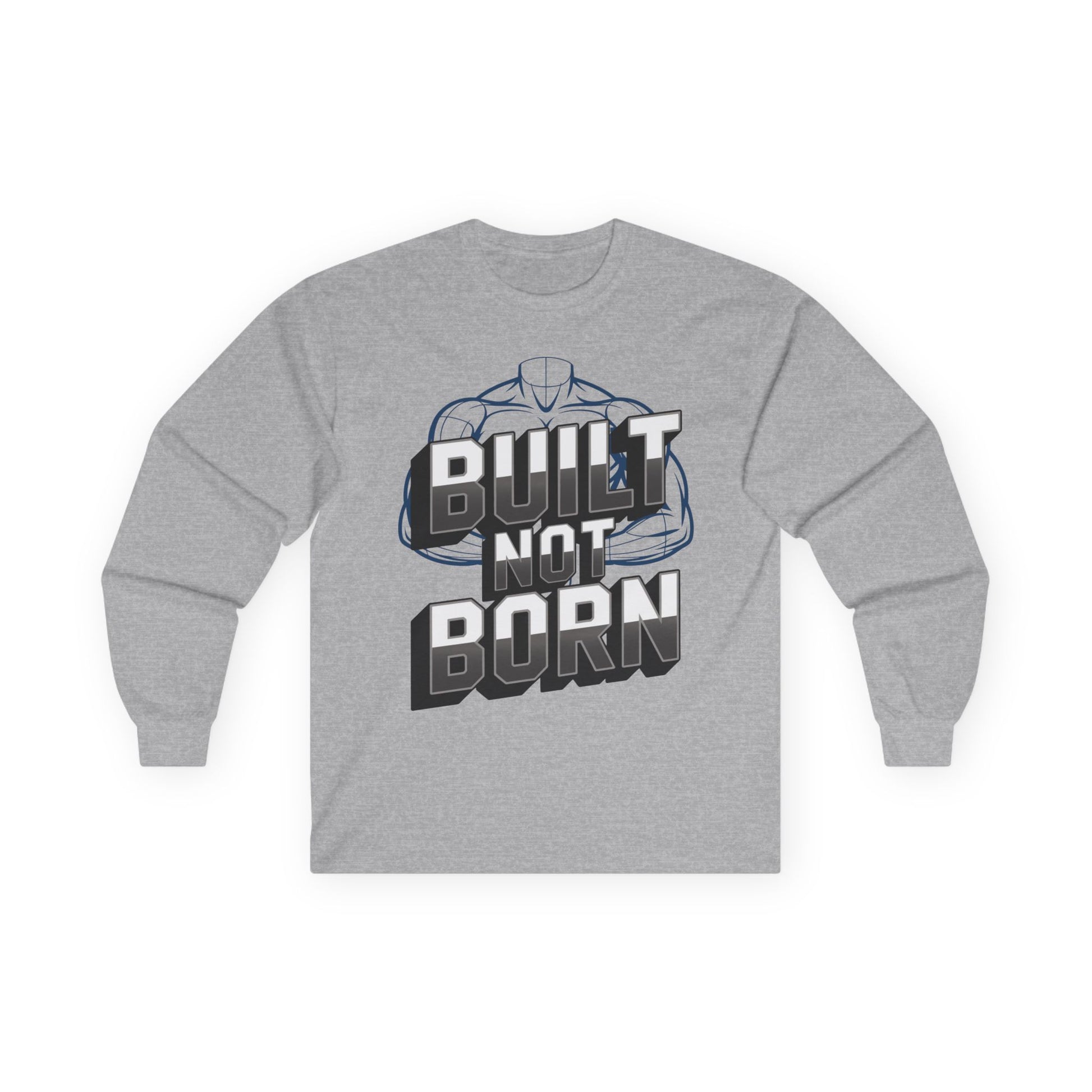 TEEZOCA strength mindset unisex long-sleeve tee Gray long-sleeve shirt with 'Built Not Born' graphic design on a white background
