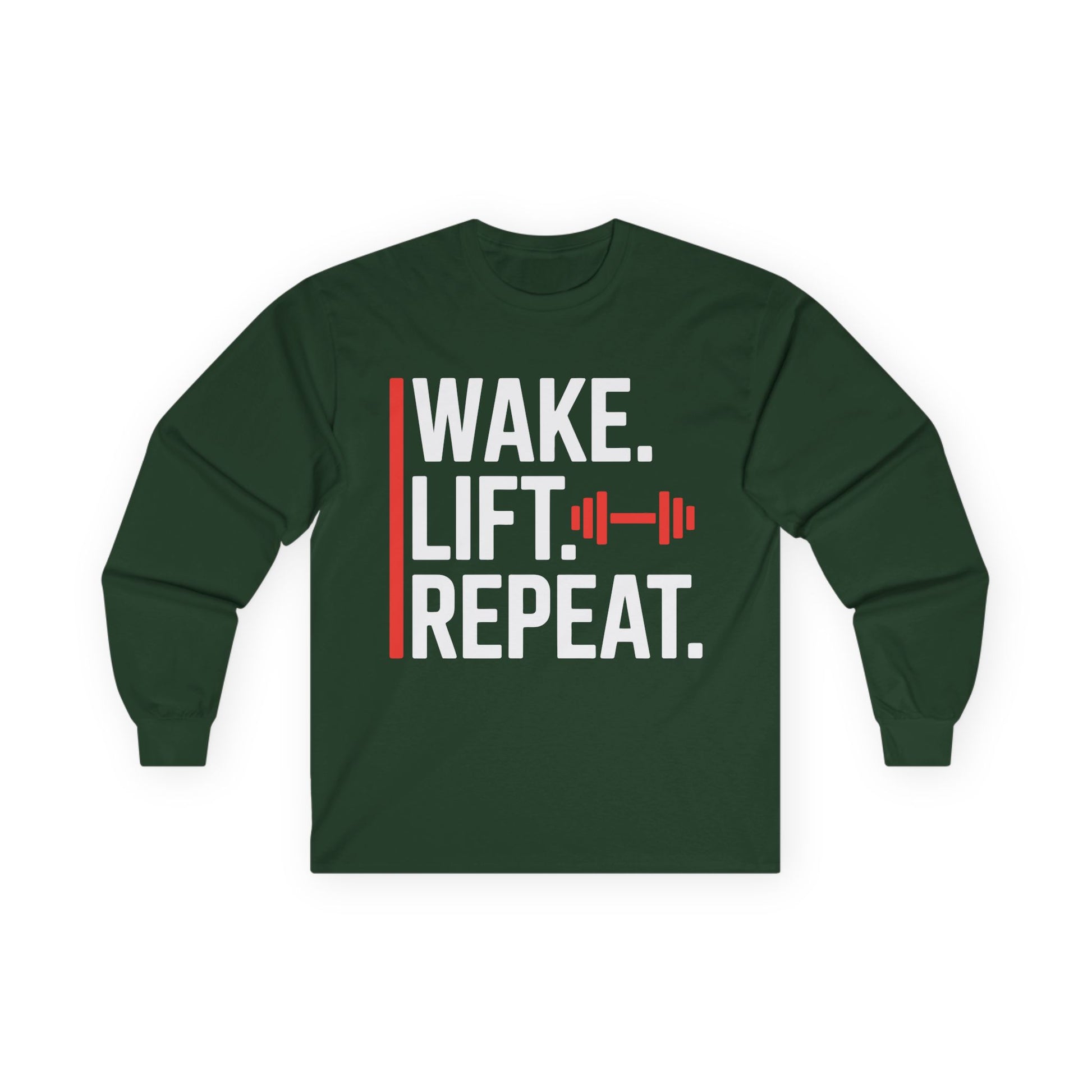 TEEZOCA strength mindset unisex long-sleeve tee Green long-sleeve shirt with 'Wake. Lift. Repeat.' text on a white background