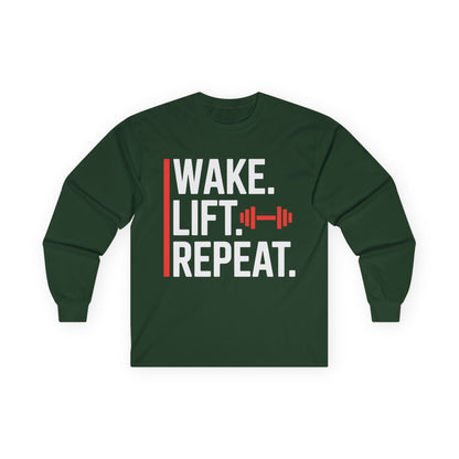 TEEZOCA strength mindset unisex long-sleeve tee Green long-sleeve shirt with 'Wake. Lift. Repeat.' text on a white background
