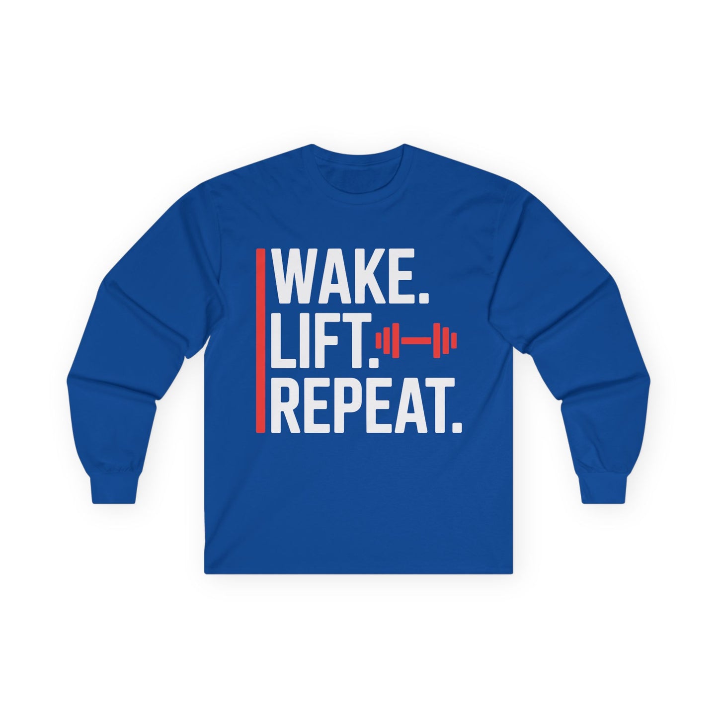 TEEZOCA strength training motivation long-sleeve shirt Blue long-sleeve shirt with 'Wake. Lift. Repeat.' text on a white background