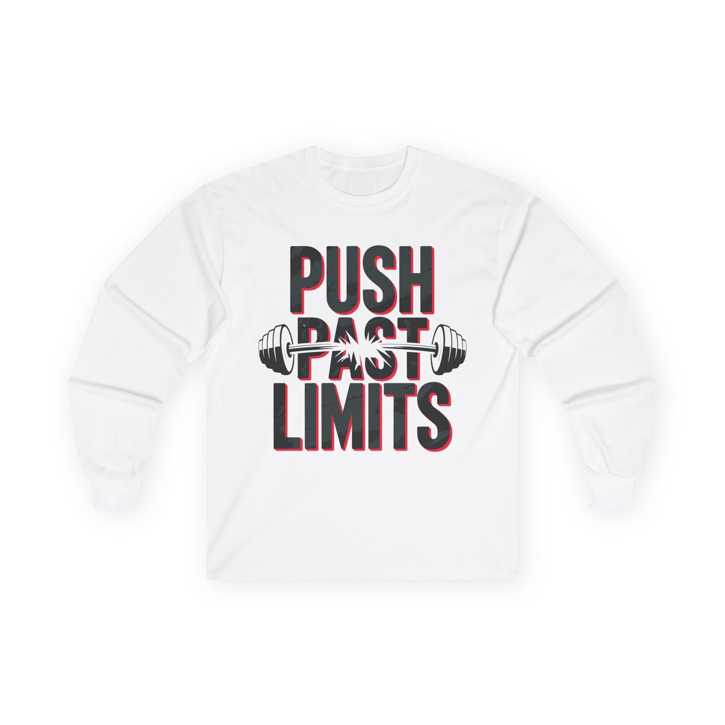 TEEZOCA strength training push past limits long-sleeve tee White sweatshirt with 'Push Past Limits' text and barbell graphic on a white background