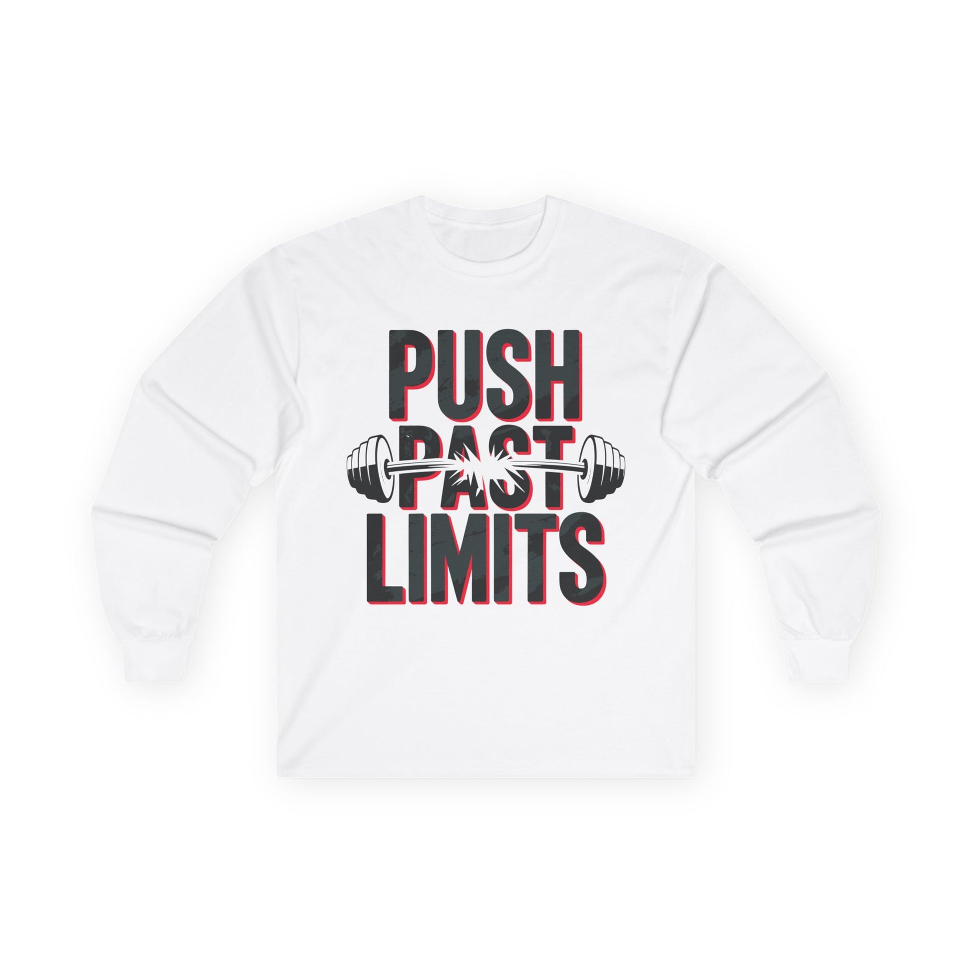 TEEZOCA strength training push past limits long-sleeve tee White sweatshirt with 'Push Past Limits' text and barbell graphic on a white background
