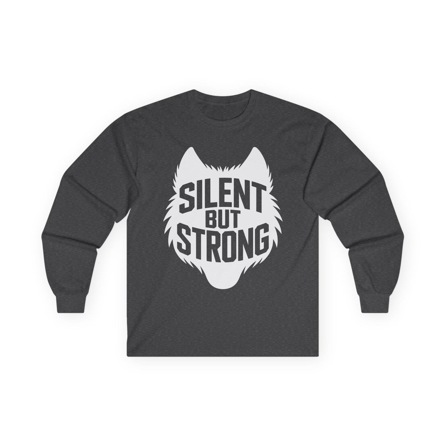 TEEZOCA strong mindset unisex long-sleeve tee Dark gray long-sleeve shirt with white wolf graphic and 'Silent But Strong' text on a white background