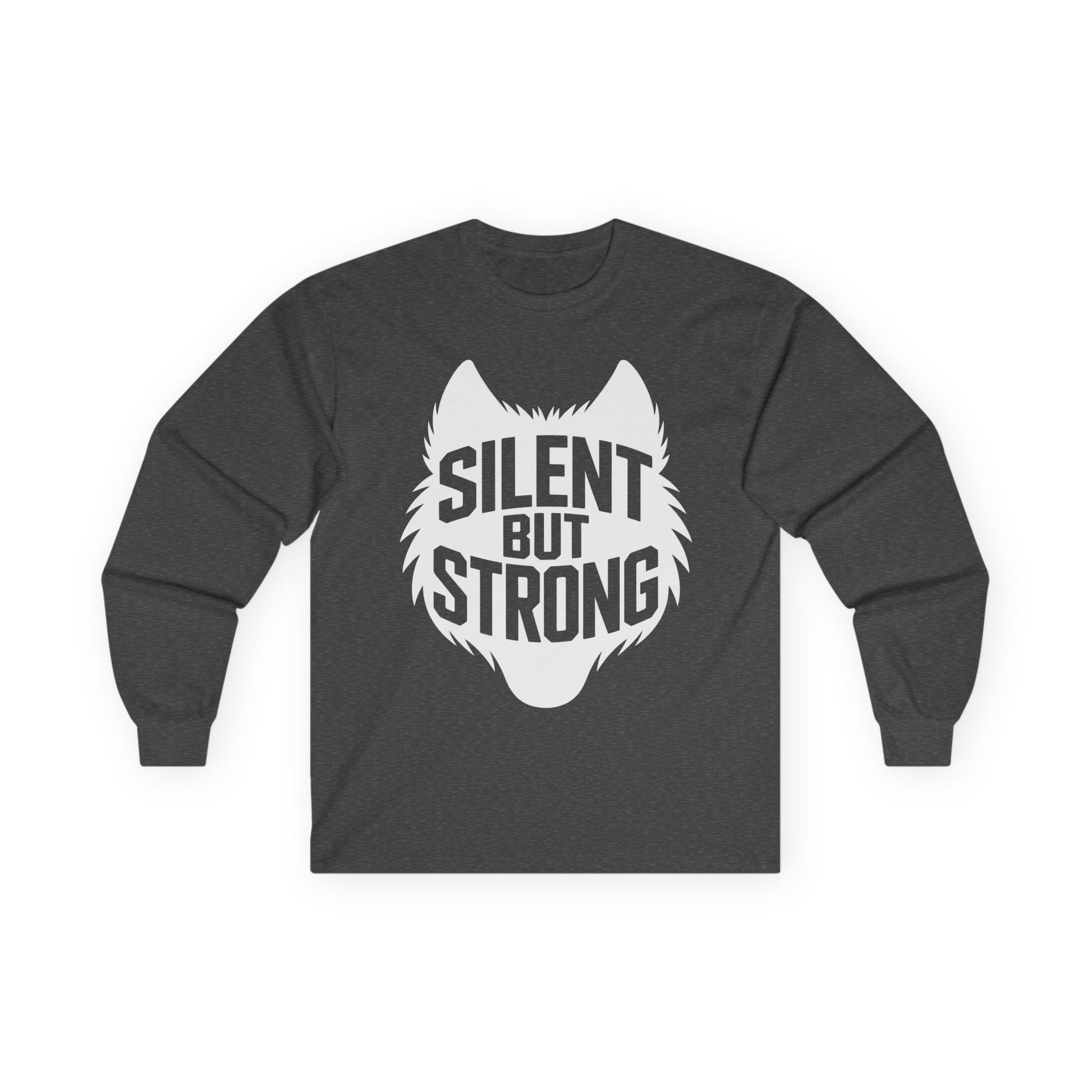 TEEZOCA strong mindset unisex long-sleeve tee Dark gray long-sleeve shirt with white wolf graphic and 'Silent But Strong' text on a white background