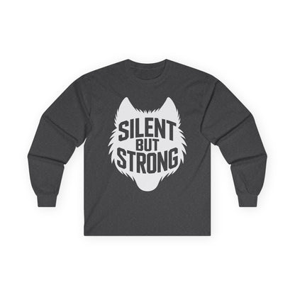 TEEZOCA strong mindset unisex long-sleeve tee Dark gray long-sleeve shirt with white wolf graphic and 'Silent But Strong' text on a white background