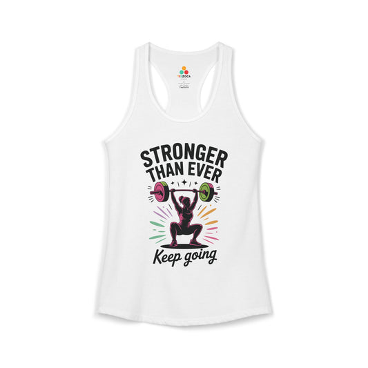 TEEZOCA stronger than ever women’s tank top fitness motivation design White tank top with motivational graphic and text on a white background