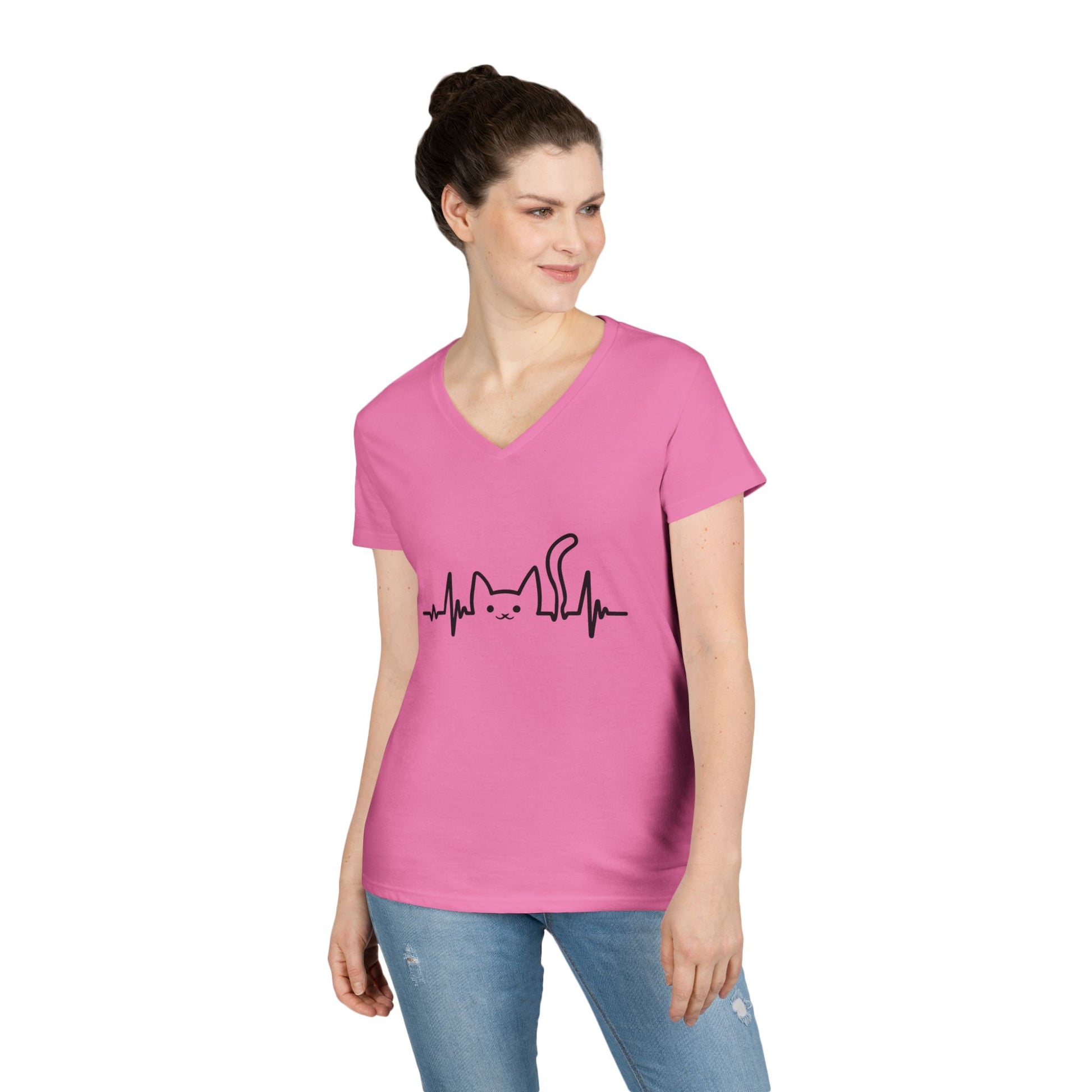 Abstract Cat Heartbeat V-Neck T-Shirt Minimal Pet Lover Statement Tee | TEEZOCA 