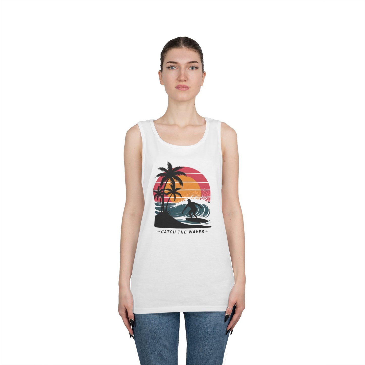 TEEZOCA summer vibe Unisex Tank Top inspired by surfing and coastal life Catch the Waves Unisex Tank Top for Retro Surf Vibes and Summer Streetwear | TEEZOCA 