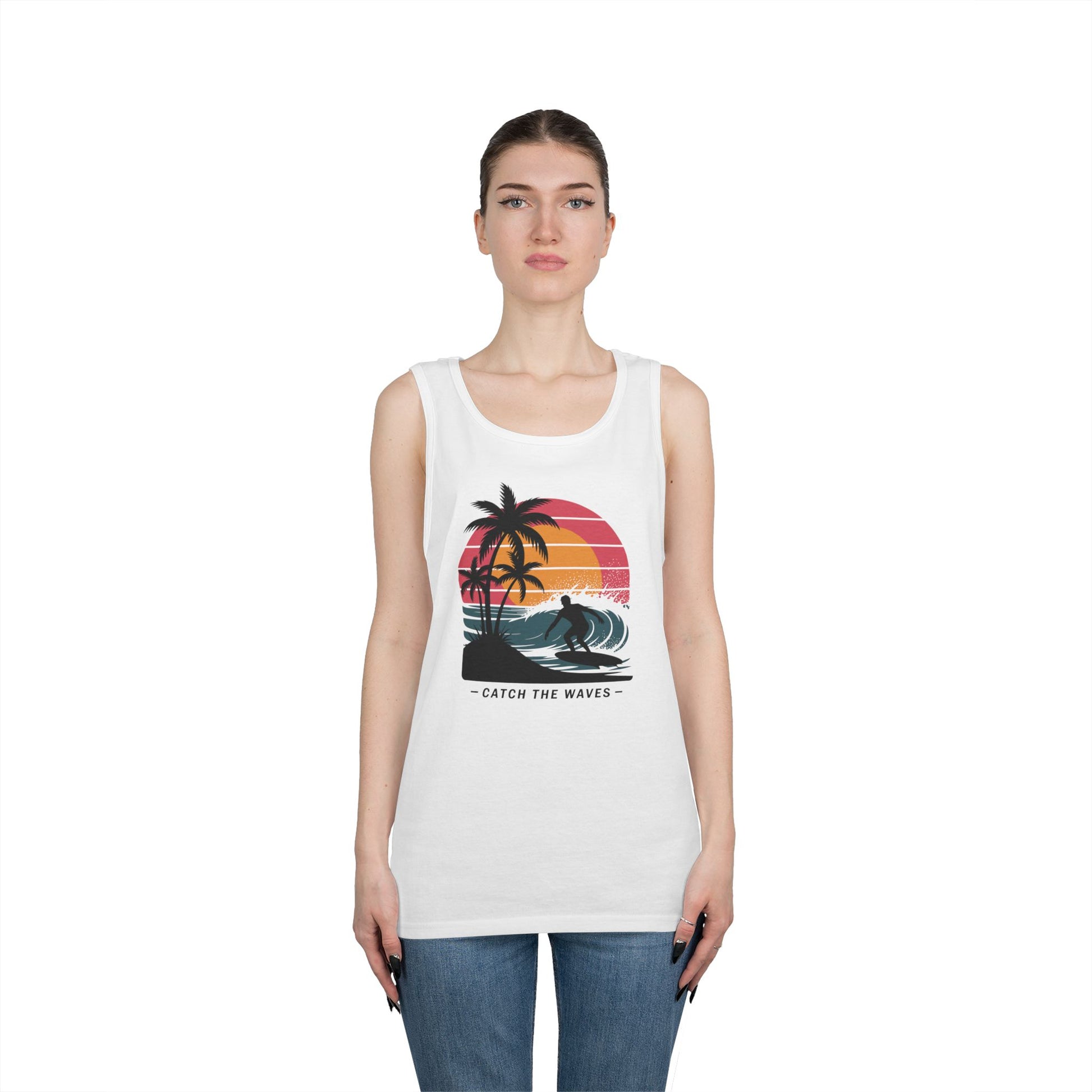 TEEZOCA summer vibe Unisex Tank Top inspired by surfing and coastal life Catch the Waves Unisex Tank Top for Retro Surf Vibes and Summer Streetwear | TEEZOCA 