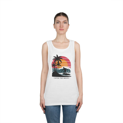 TEEZOCA summer vibe Unisex Tank Top inspired by surfing and coastal life Catch the Waves Unisex Tank Top for Retro Surf Vibes and Summer Streetwear | TEEZOCA 