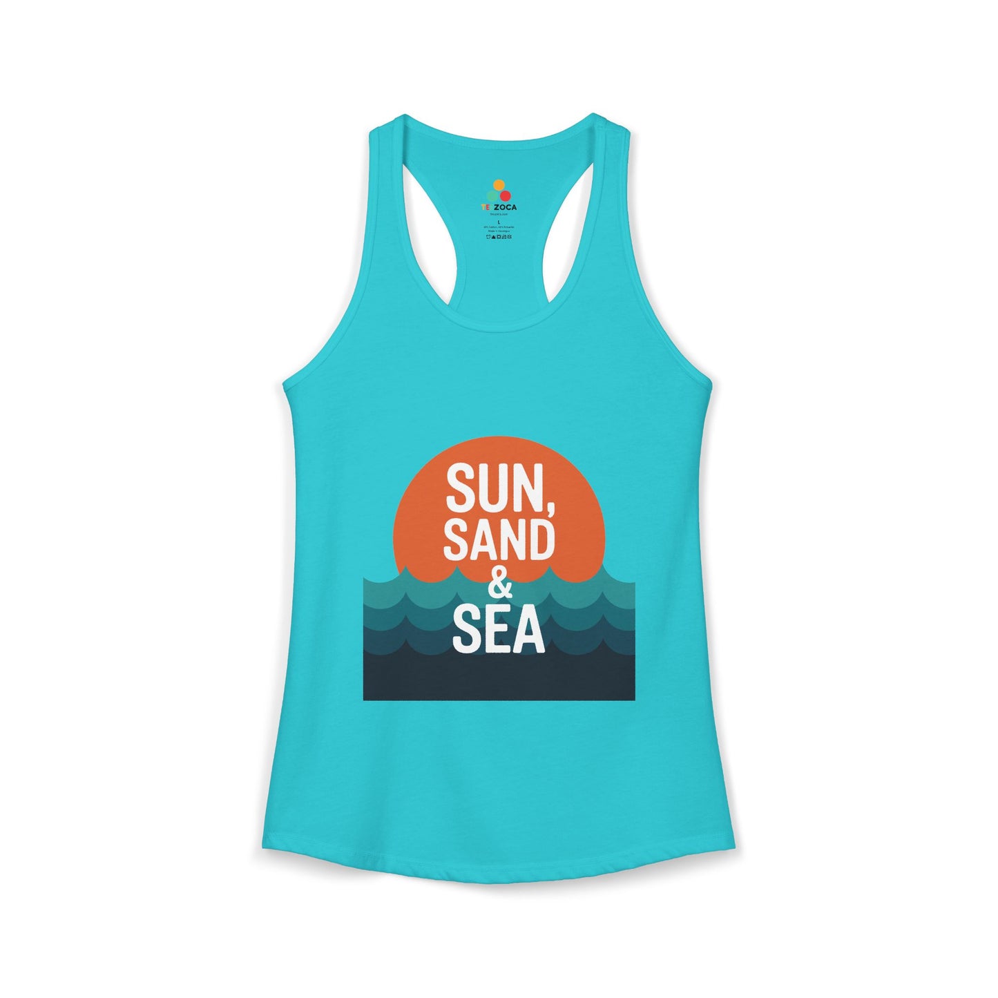 TEEZOCA sun sand and sea women’s tank top with ocean waves design Turquoise tank top with 'Sun, Sand & Sea' graphic on a white background