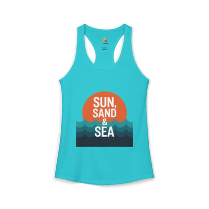TEEZOCA sun sand and sea women’s tank top with ocean waves design Turquoise tank top with 'Sun, Sand & Sea' graphic on a white background