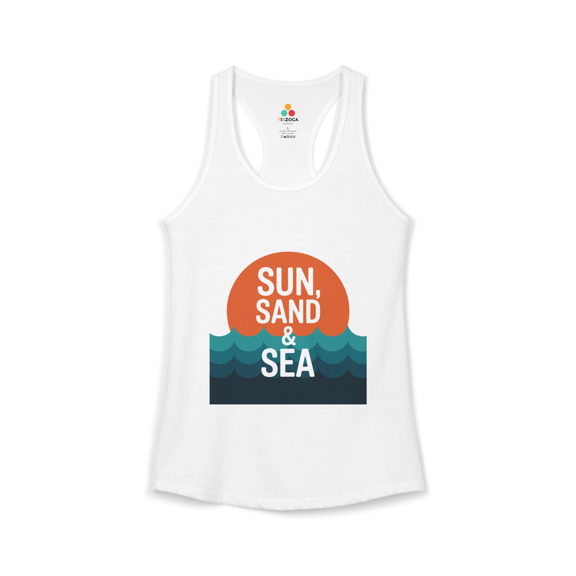 TEEZOCA sun sand and sea women’s tank top with ocean waves design White tank top with 'Sun, Sand & Sea' graphic design on a white background