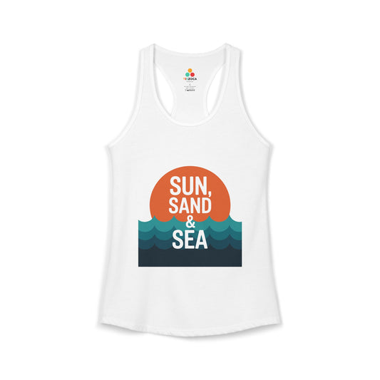 TEEZOCA sun sand and sea women’s tank top with ocean waves design White tank top with 'Sun, Sand & Sea' graphic design on a white background
