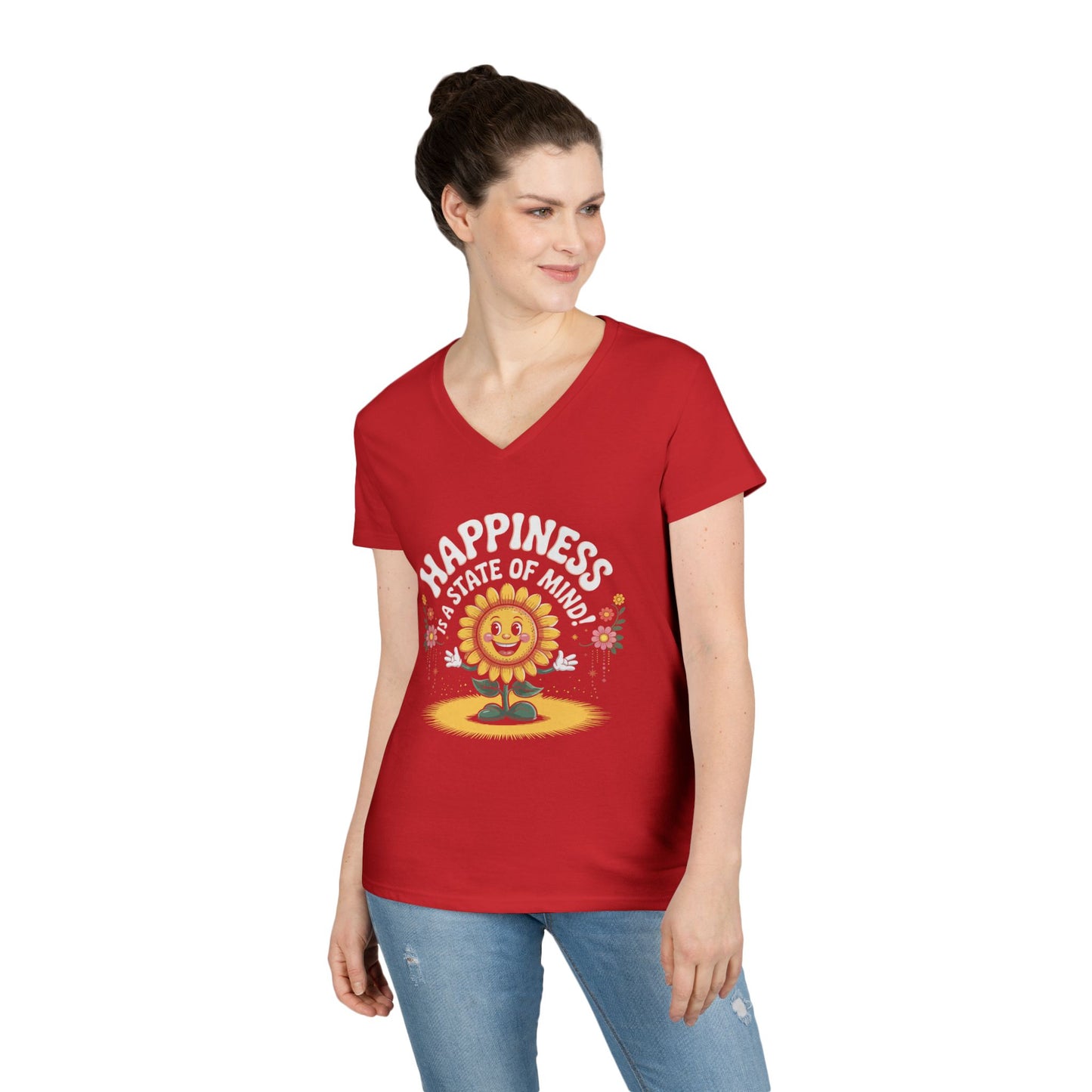 Happy Pines Ladies’ V-Neck T-Shirt Positive Quote Floral Design | TEEZOCA 