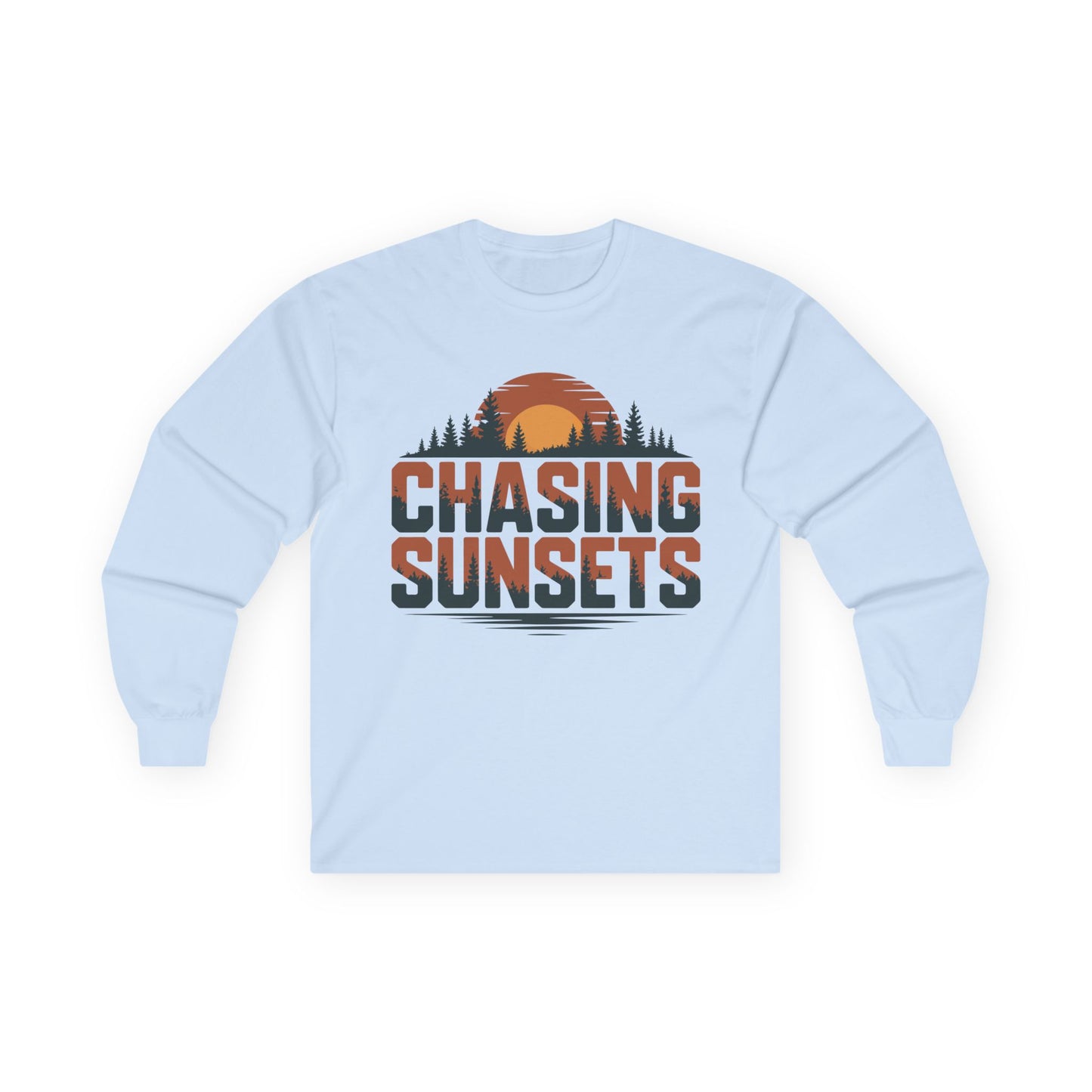 TEEZOCA sunset forest typography unisex long-sleeve shirt Light blue long-sleeve shirt with 'Chasing Sunsets' graphic on a white background