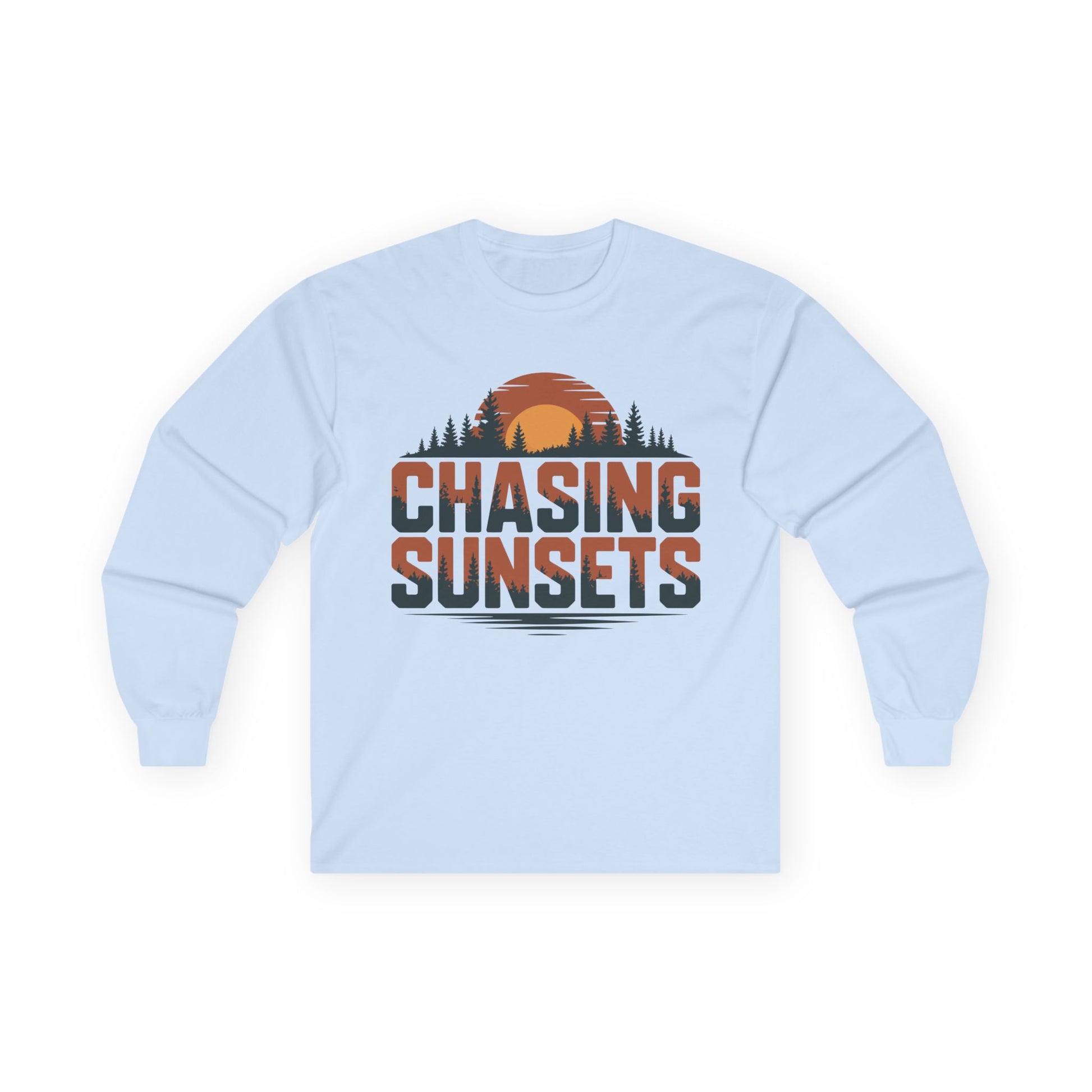 TEEZOCA sunset forest typography unisex long-sleeve shirt Light blue long-sleeve shirt with 'Chasing Sunsets' graphic on a white background