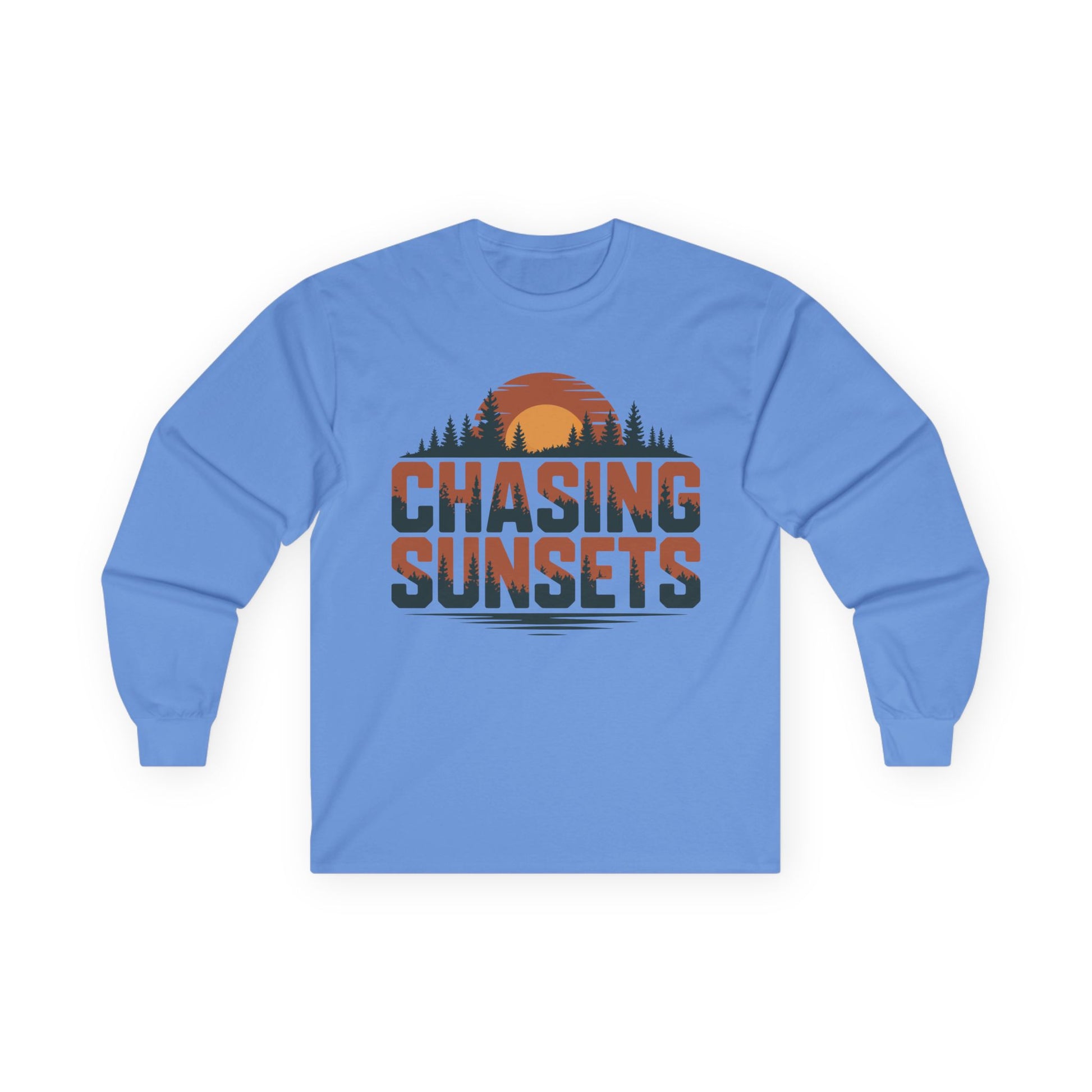 TEEZOCA sunset landscape graphic unisex long-sleeve shirt Blue long-sleeve shirt with 'Chasing Sunsets' graphic on a white background