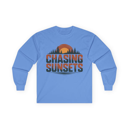 TEEZOCA sunset landscape graphic unisex long-sleeve shirt Blue long-sleeve shirt with 'Chasing Sunsets' graphic on a white background