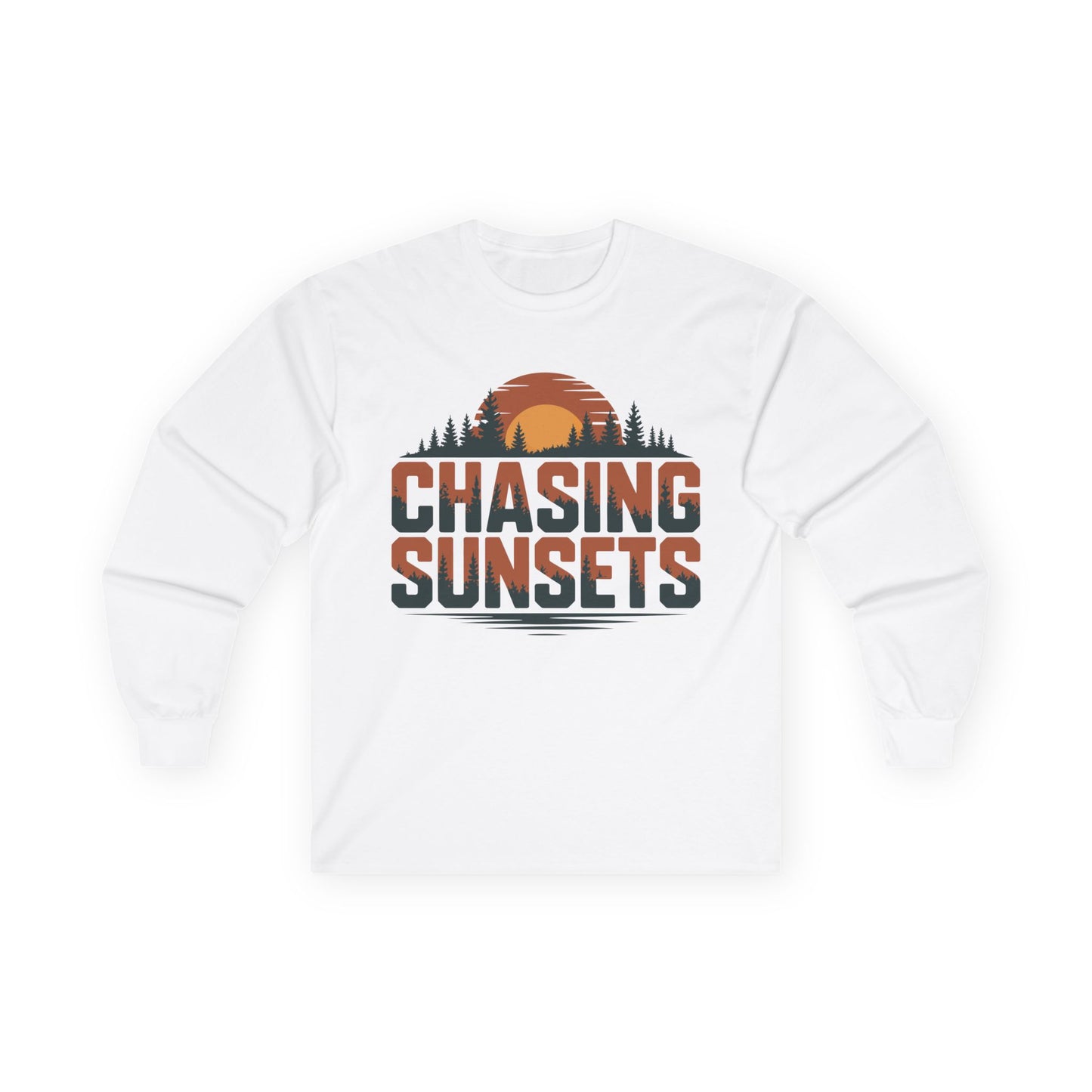 TEEZOCA sunset landscape graphic unisex long-sleeve shirt White sweatshirt with 'Chasing Sunsets' graphic design on a white background