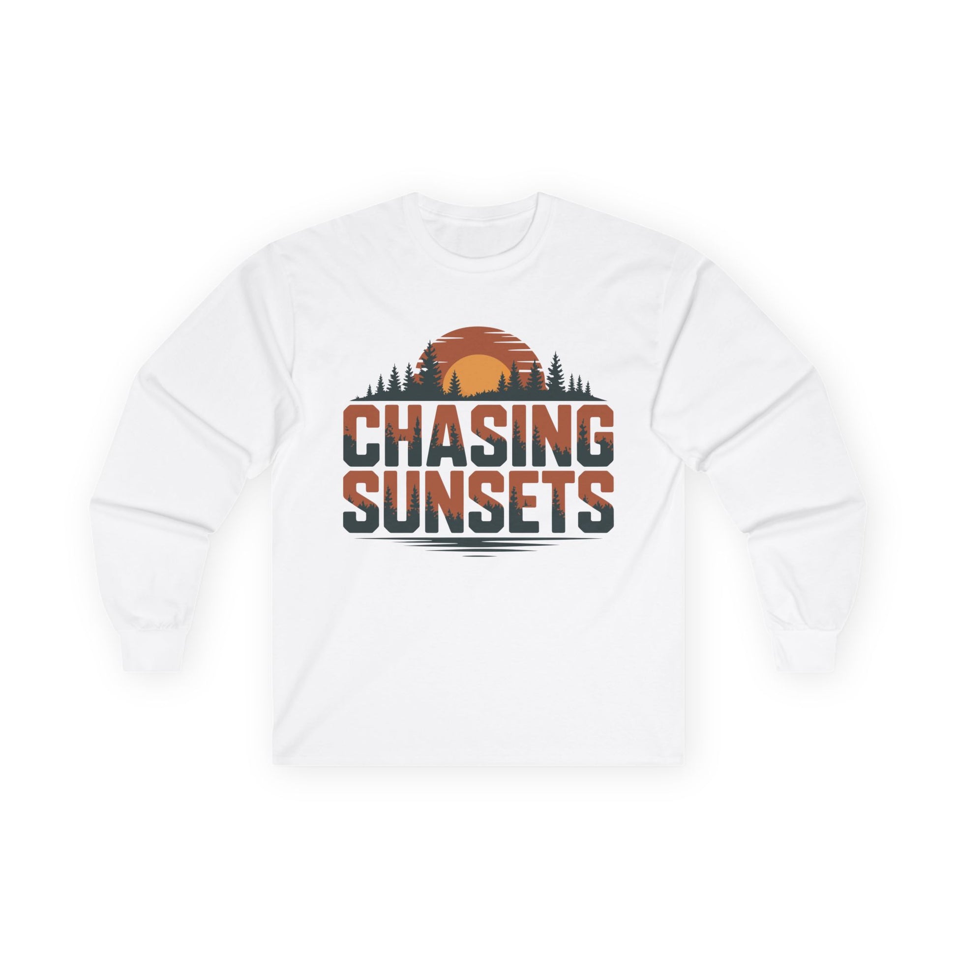 TEEZOCA sunset landscape graphic unisex long-sleeve shirt White sweatshirt with 'Chasing Sunsets' graphic design on a white background
