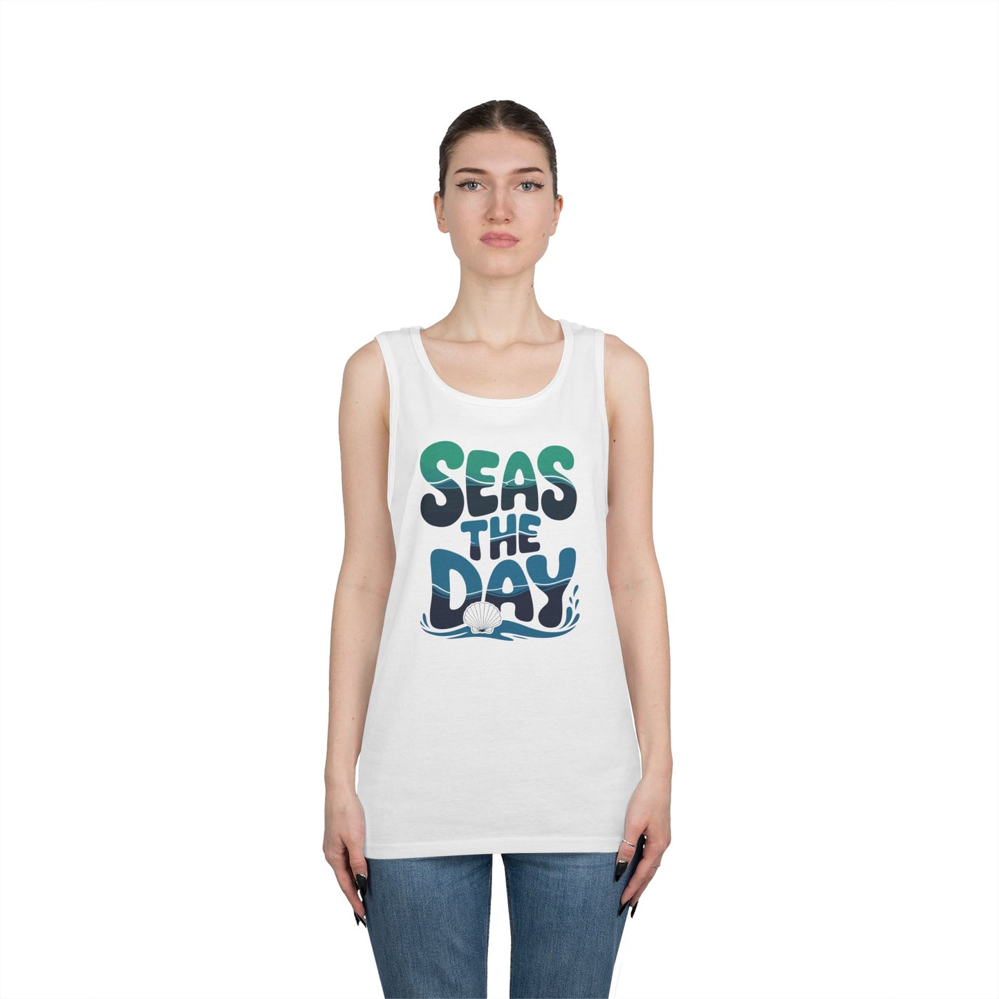 TEEZOCA surf inspired Unisex Tank Top with Seas the Day beach typography Seas the Day Unisex Tank Top – Ocean Inspired Summer Beach Streetwear | TEEZOCA 