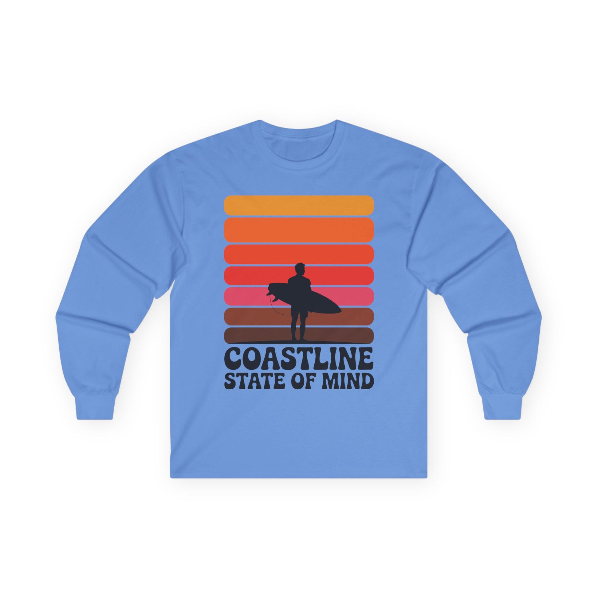 TEEZOCA surf silhouette sunset long-sleeve tee Blue long-sleeve shirt with colorful design and text on a white background