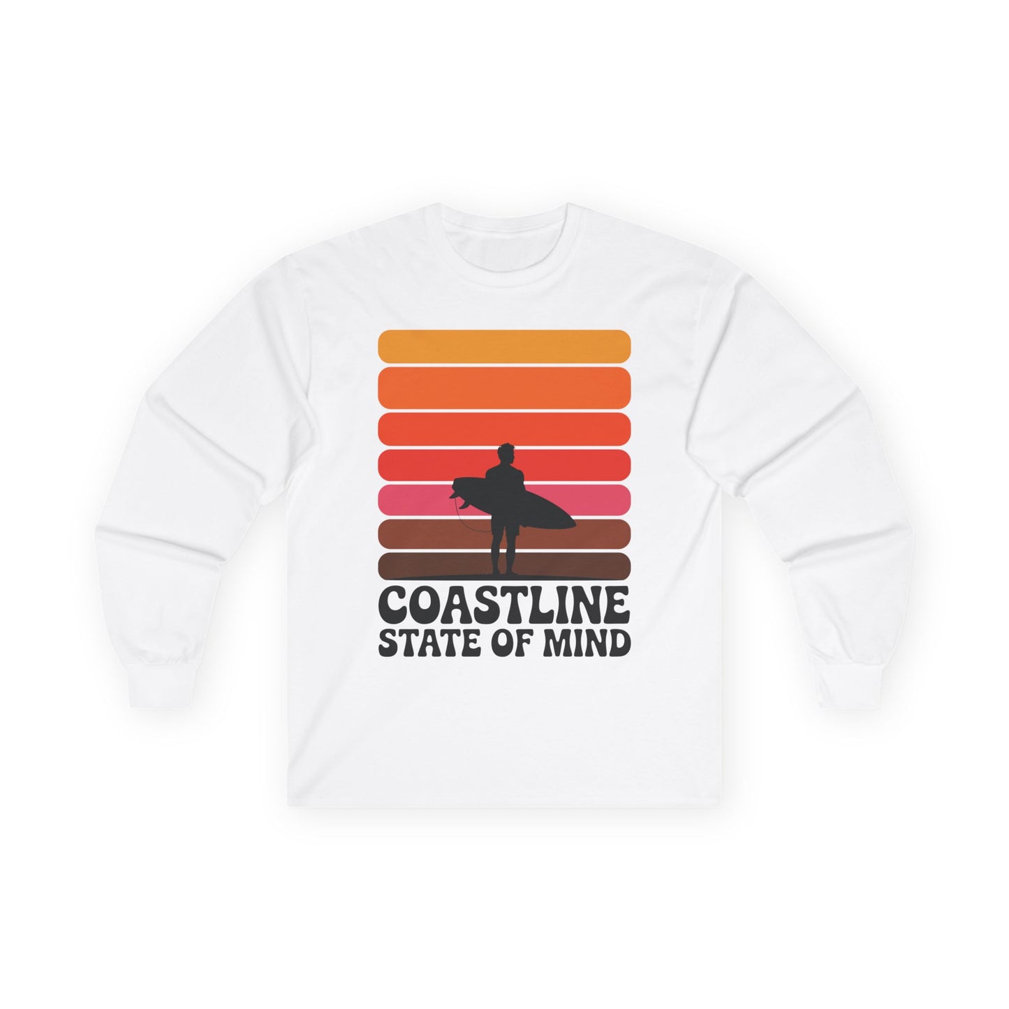 TEEZOCA surfer sunset graphic unisex long-sleeve shirt White sweatshirt with colorful design and 'Coastline State of Mind' text on a white background