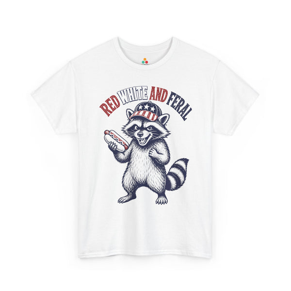 TEEZOCA t-shirt artwork for 4th of July Graphic Tees showing a mischievous raccoon with a ketchup-topped hot dog