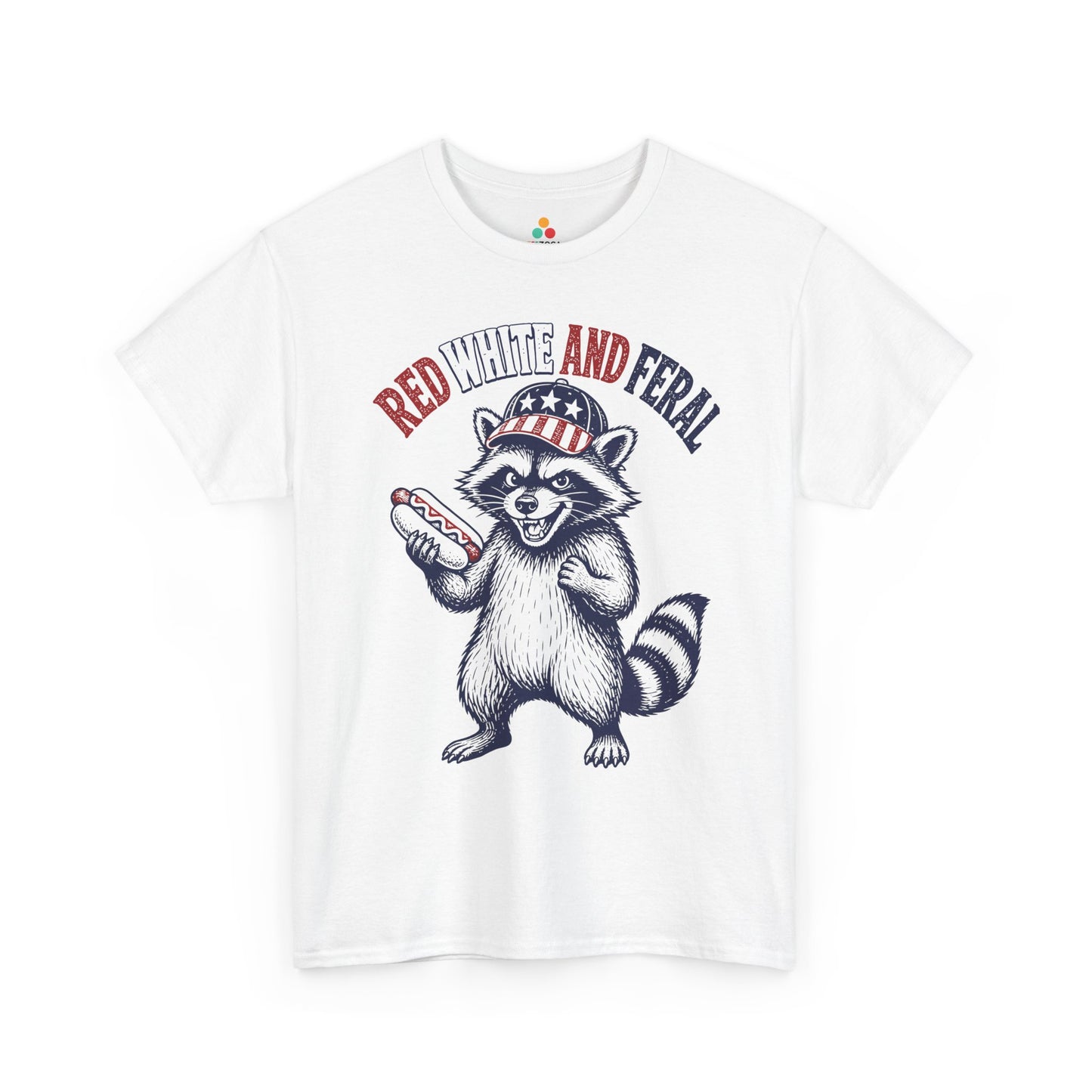 TEEZOCA t-shirt artwork for 4th of July Graphic Tees, showing a mischievous raccoon with a ketchup-topped hot dog.
