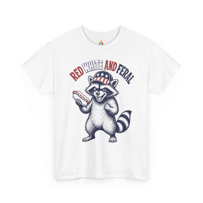TEEZOCA t-shirt artwork for 4th of July Graphic Tees, showing a mischievous raccoon with a ketchup-topped hot dog.
