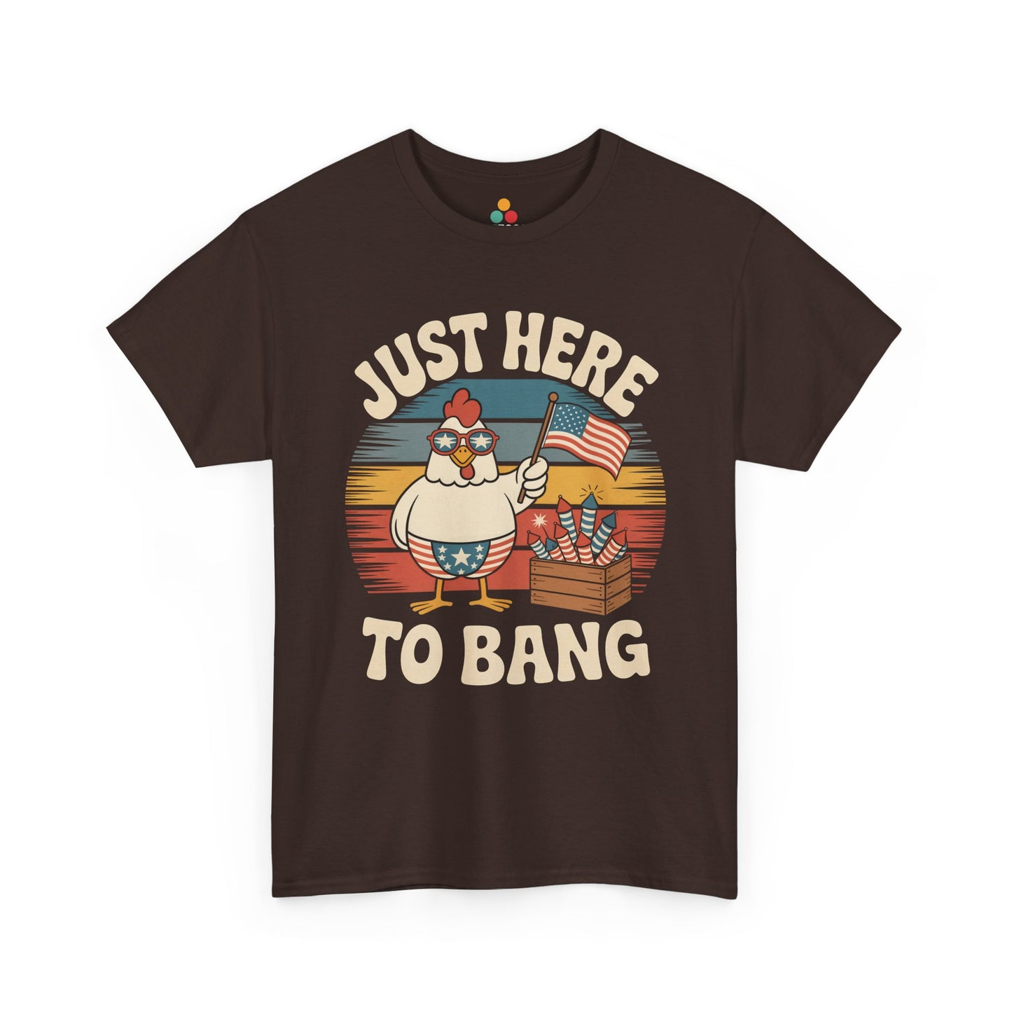 TEEZOCA t-shirt design for Funny 4th of July T Shirts shoppers, with rooster, rockets, stars, and retro red, white, and blue lettering.
