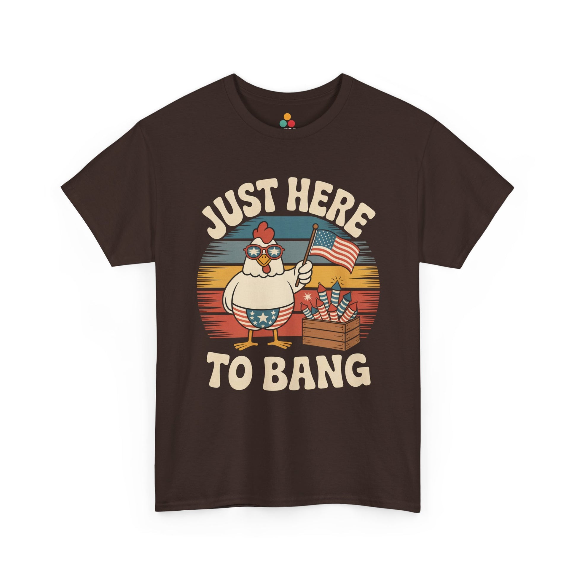TEEZOCA t-shirt design for Funny 4th of July T Shirts shoppers, with rooster, rockets, stars, and retro red, white, and blue lettering.
