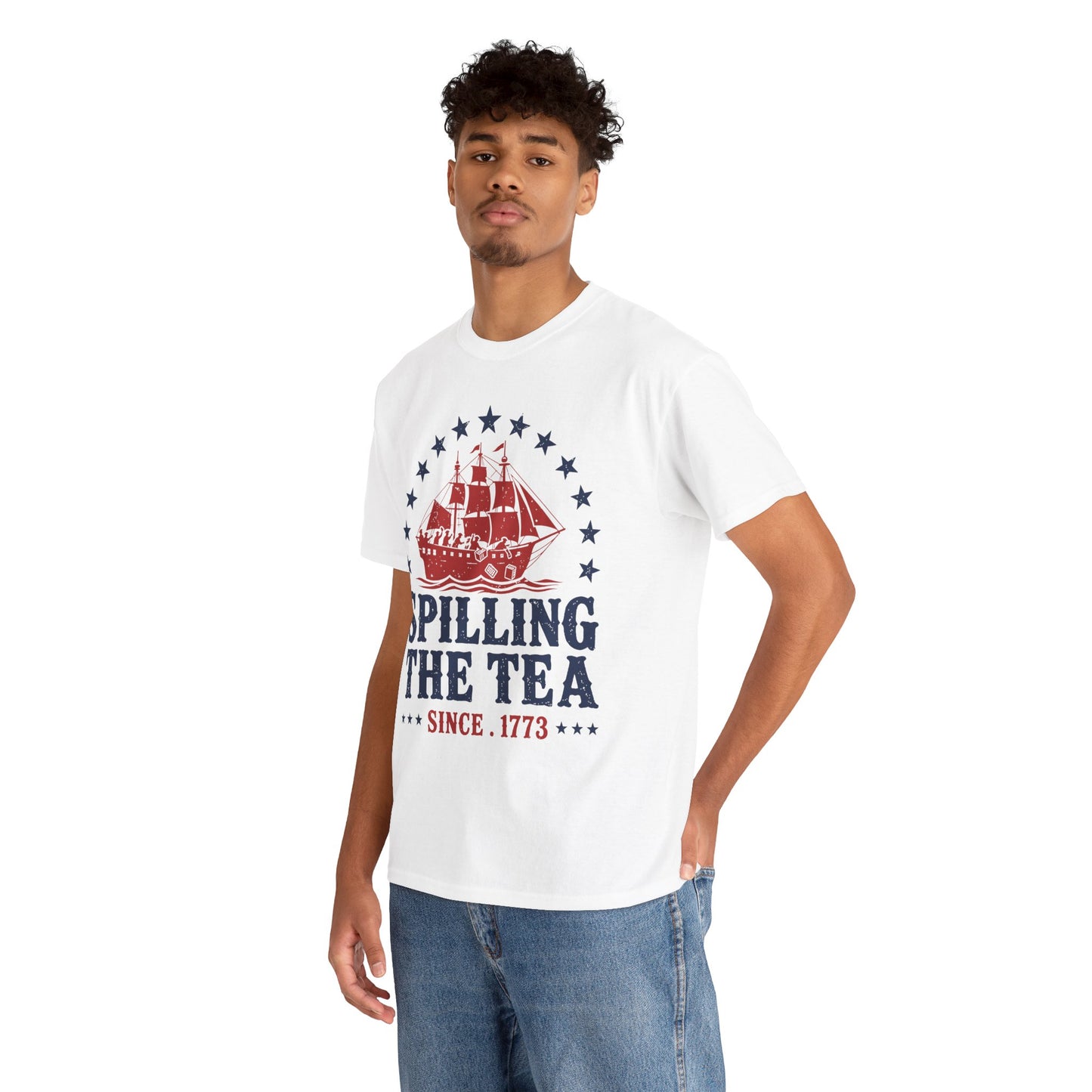 TEEZOCA t-shirt design for funny patriotic shirt fans, showing colonial rebels spilling tea beneath a ring of navy stars.
