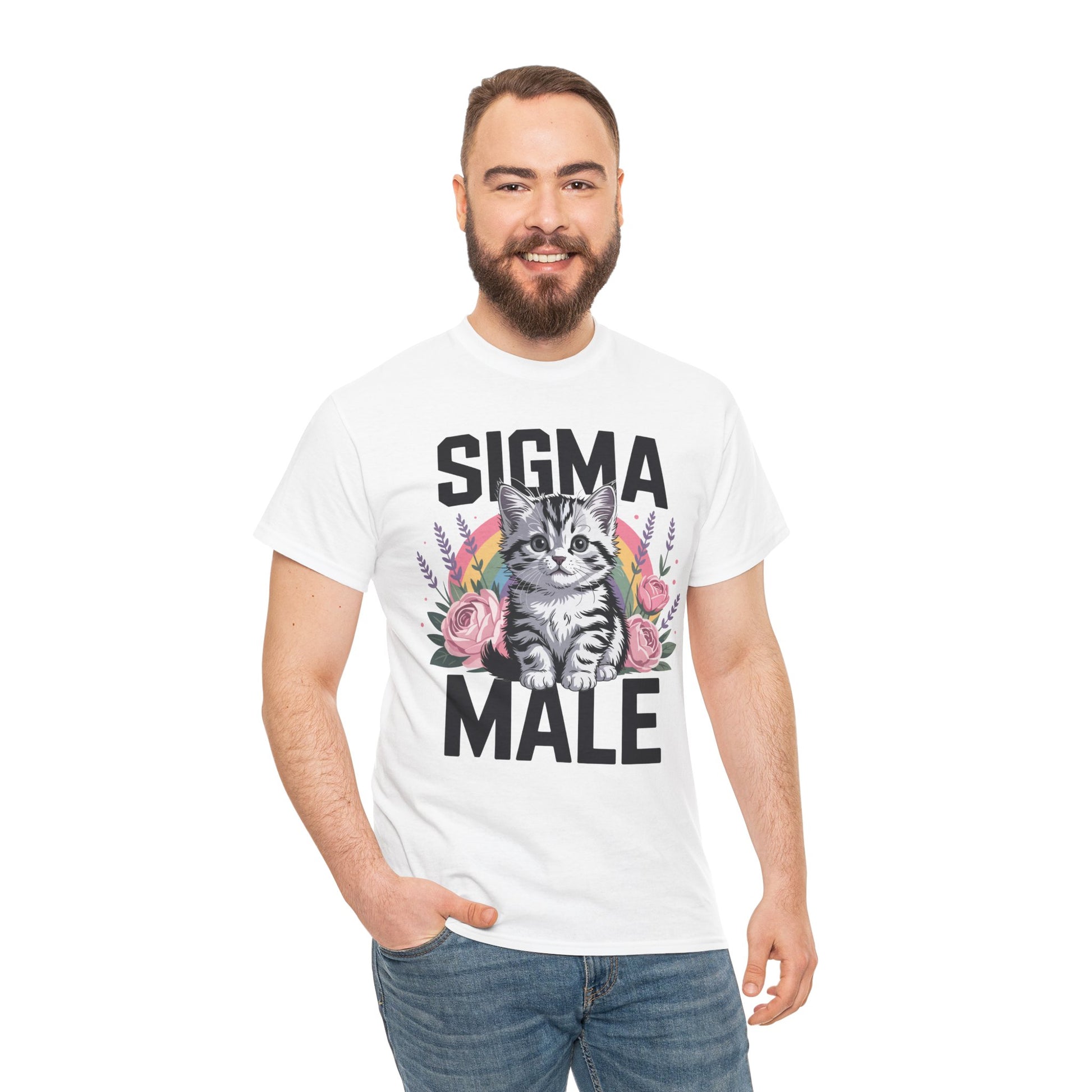 TEEZOCA t-shirt featuring Alpha Male Shirt artwork with a cute kitten, floral accents, and ironic sigma male humor.
