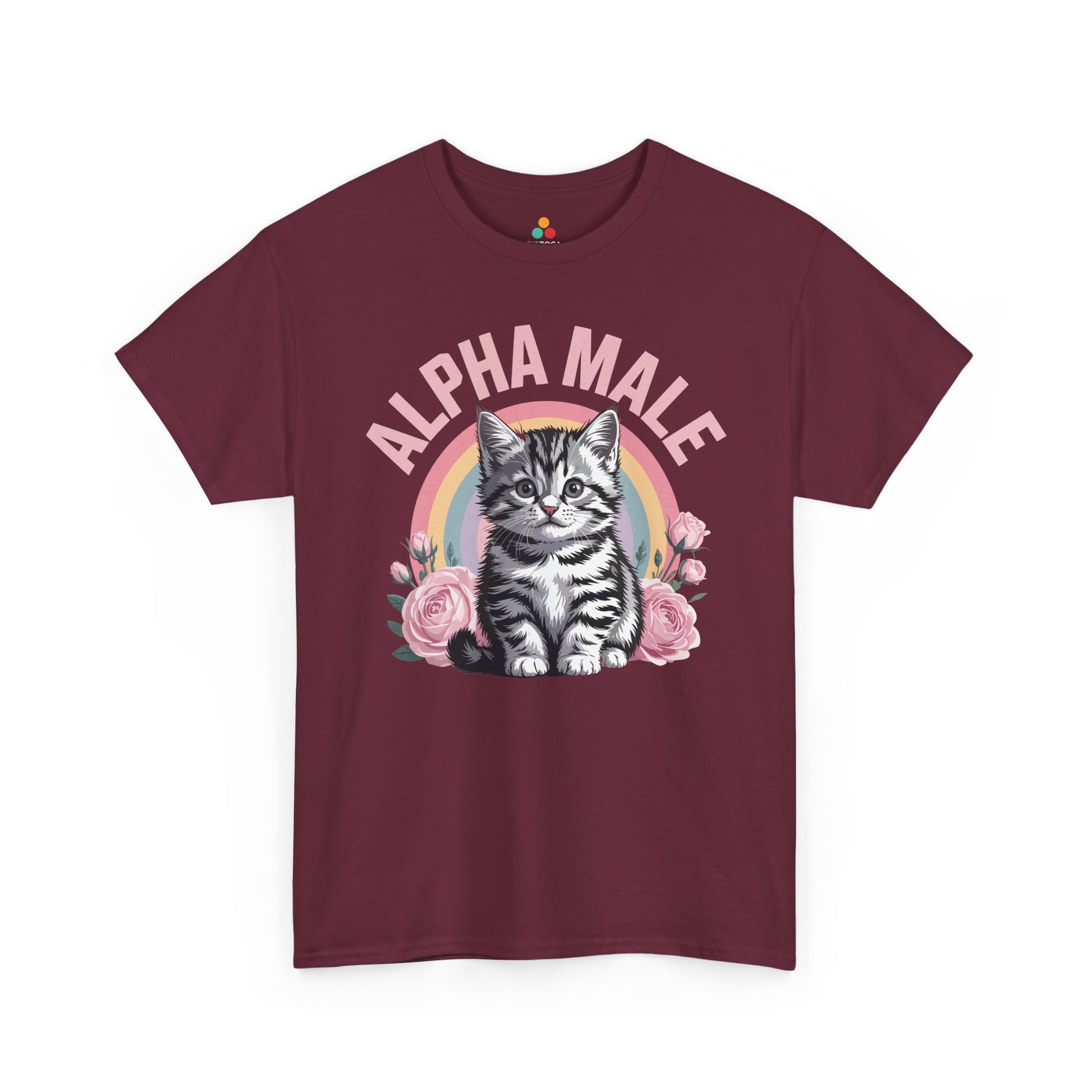 TEEZOCA t-shirt featuring Alpha Male Shirt artwork with a gray kitten, pink arch, flowers, and sarcastic alpha male joke.
