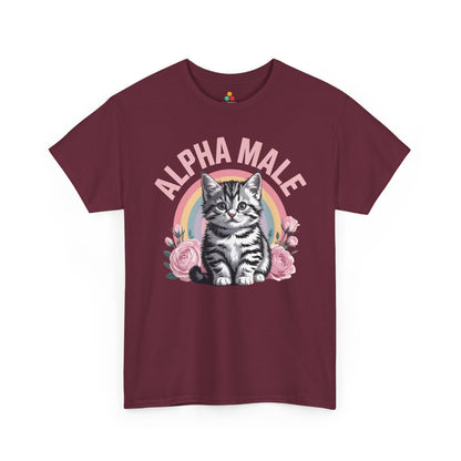 TEEZOCA t-shirt featuring Alpha Male Shirt artwork with a gray kitten, pink arch, flowers, and sarcastic alpha male joke.
