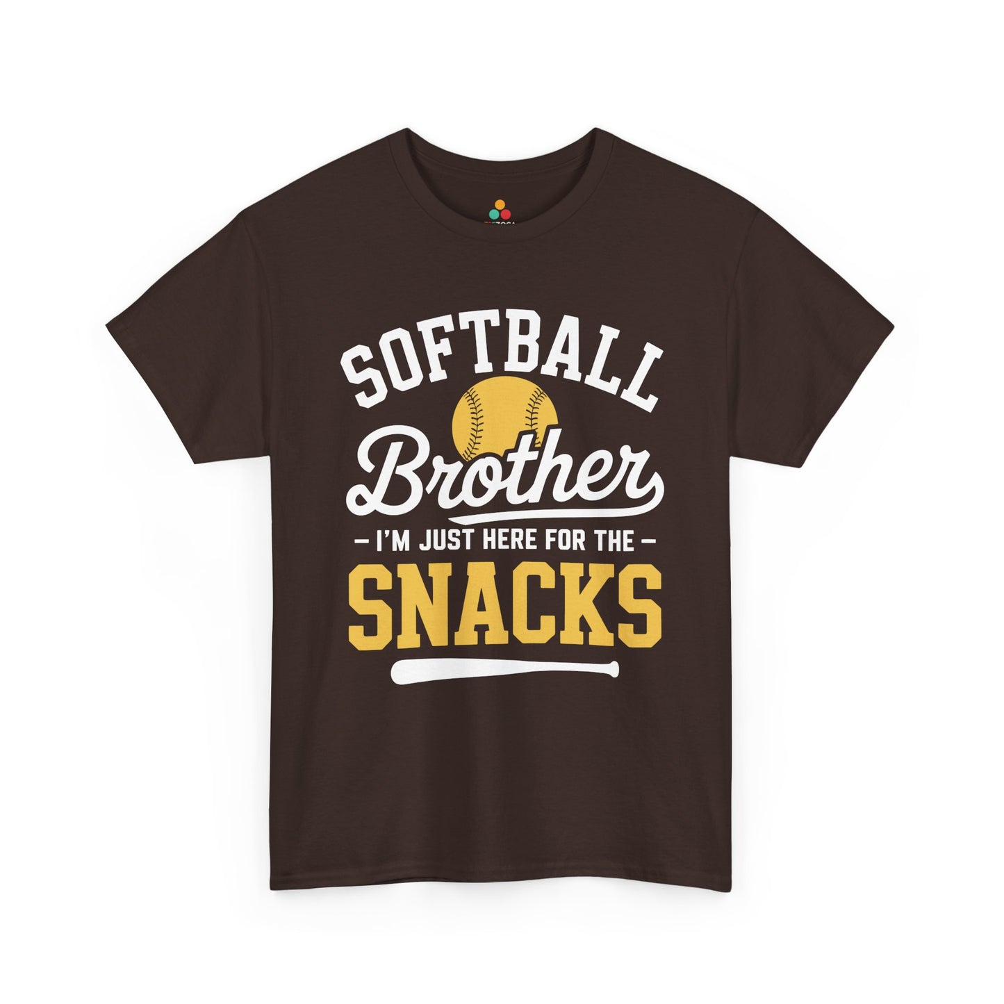 TEEZOCA t-shirt featuring Funny Brother Shirt artwork with softball, script Brother text, and gold Snacks lettering.
