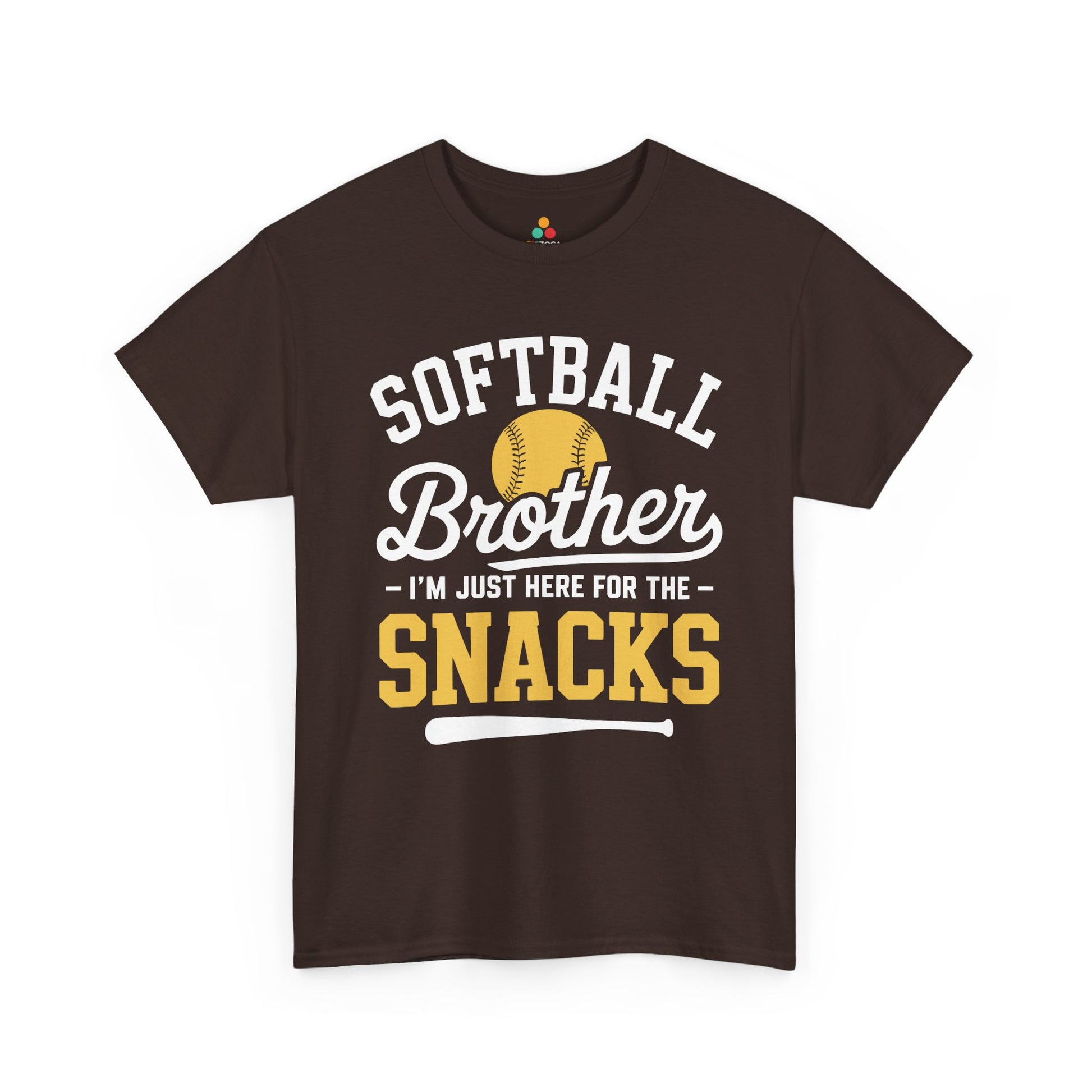 TEEZOCA t-shirt featuring Funny Brother Shirt artwork with softball, script Brother text, and gold Snacks lettering.
