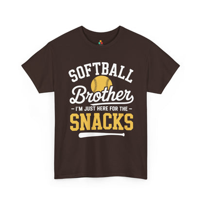 TEEZOCA t-shirt featuring Funny Brother Shirt artwork with softball, script Brother text, and gold Snacks lettering.
