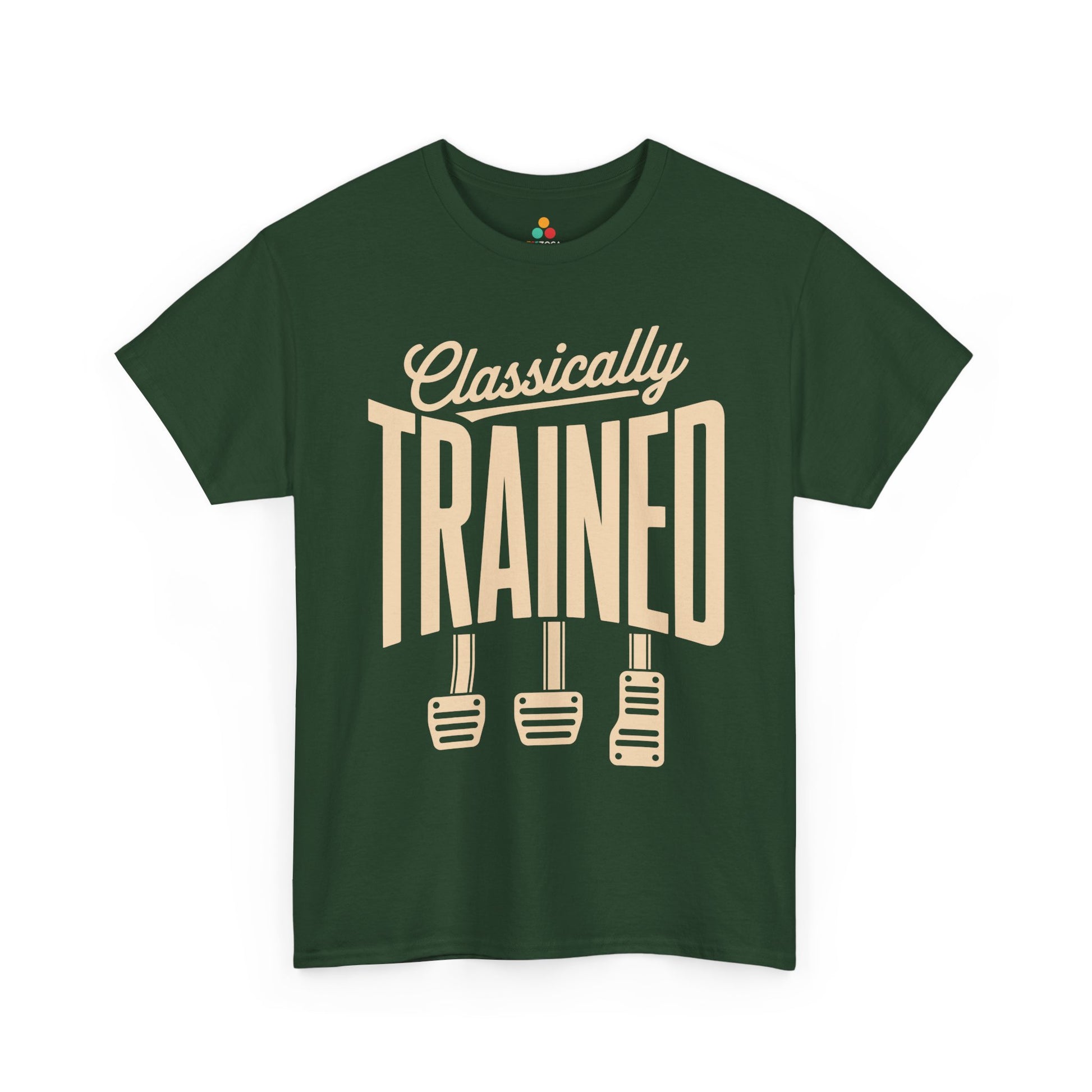 TEEZOCA t-shirt featuring Funny Car Guy T Shirt artwork with classically trained manual transmission pedal graphics.
