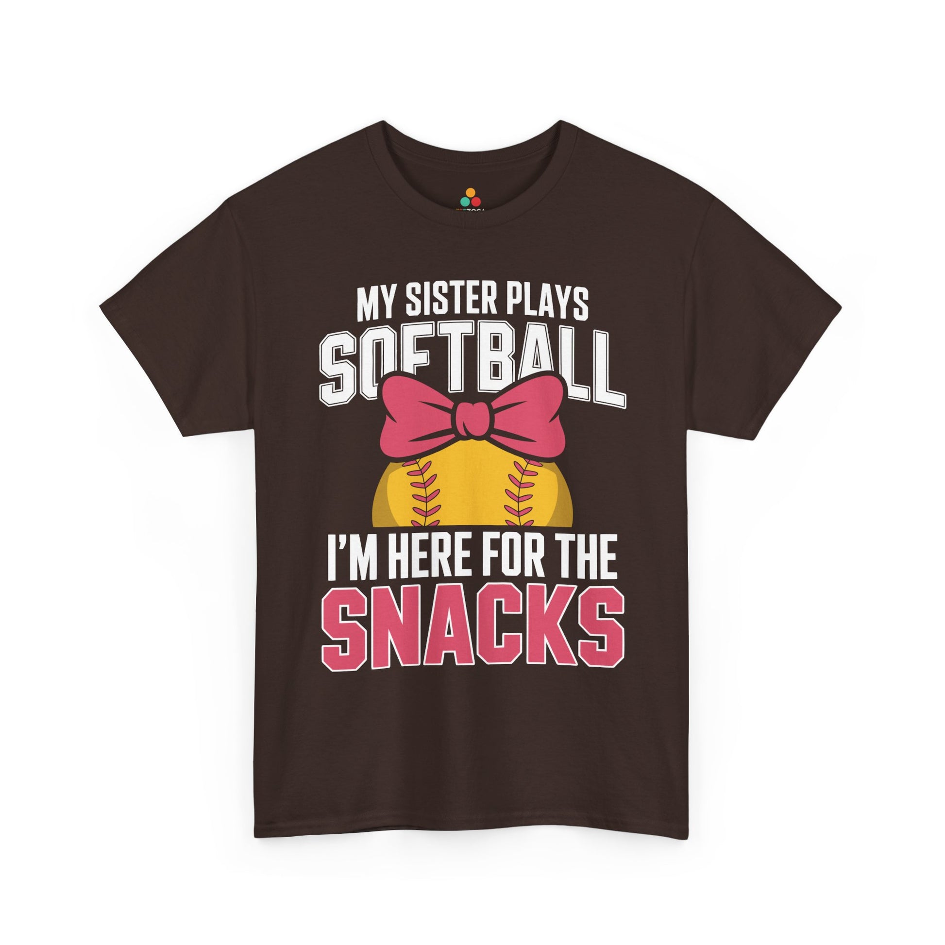 TEEZOCA t-shirt featuring Funny Softball Shirt artwork with pink bow, softball graphic, and snack humor.
